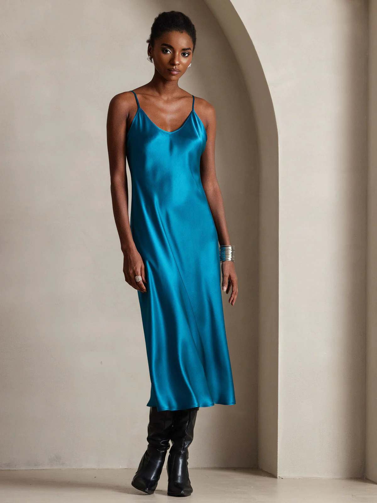 Pure Silk Spaghetti Strap V Neck Midi Dress - Image 29