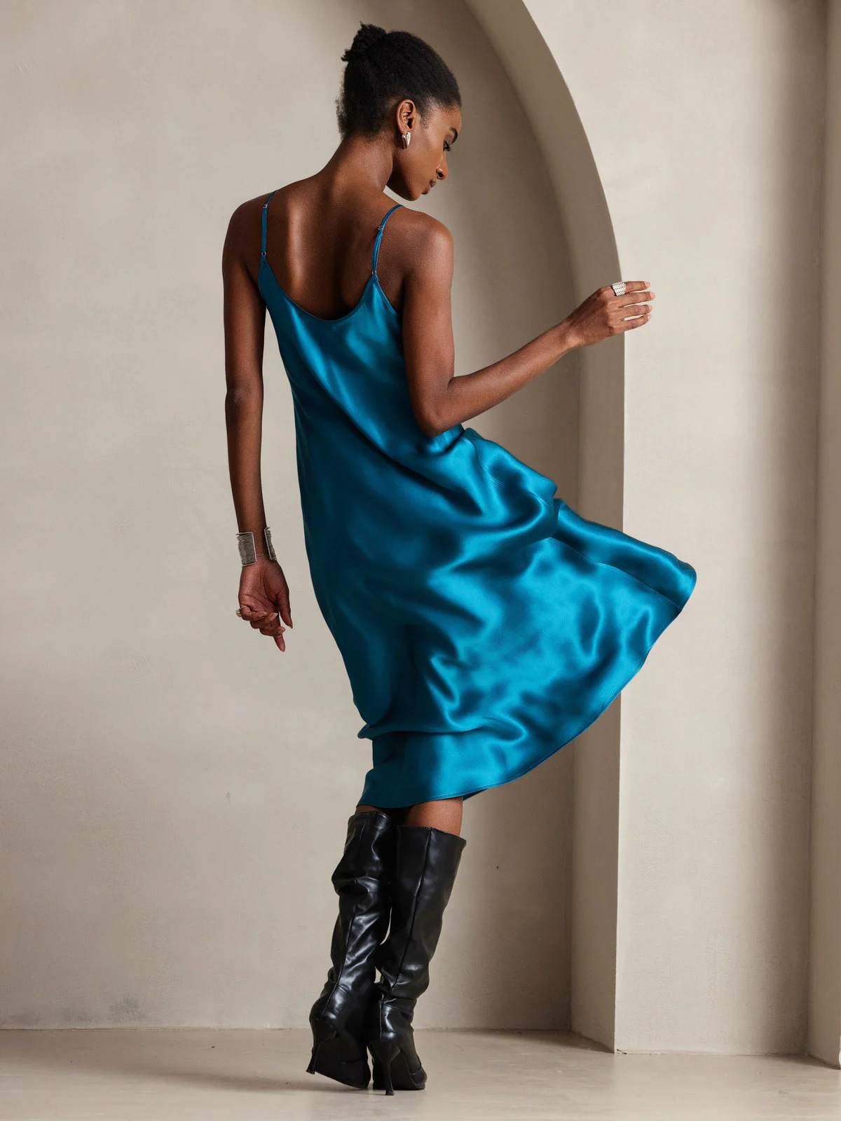 Pure Silk Spaghetti Strap V Neck Midi Dress - Image 30