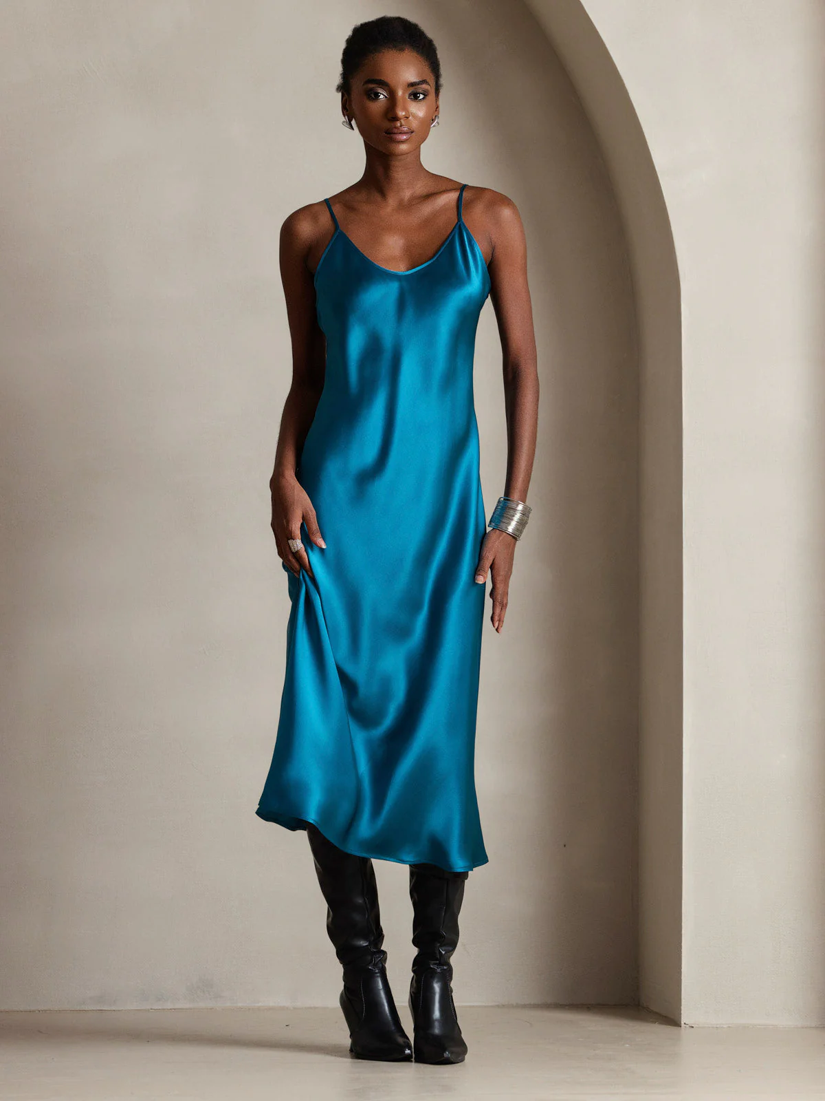 Pure Silk Spaghetti Strap V Neck Midi Dress - Image 33