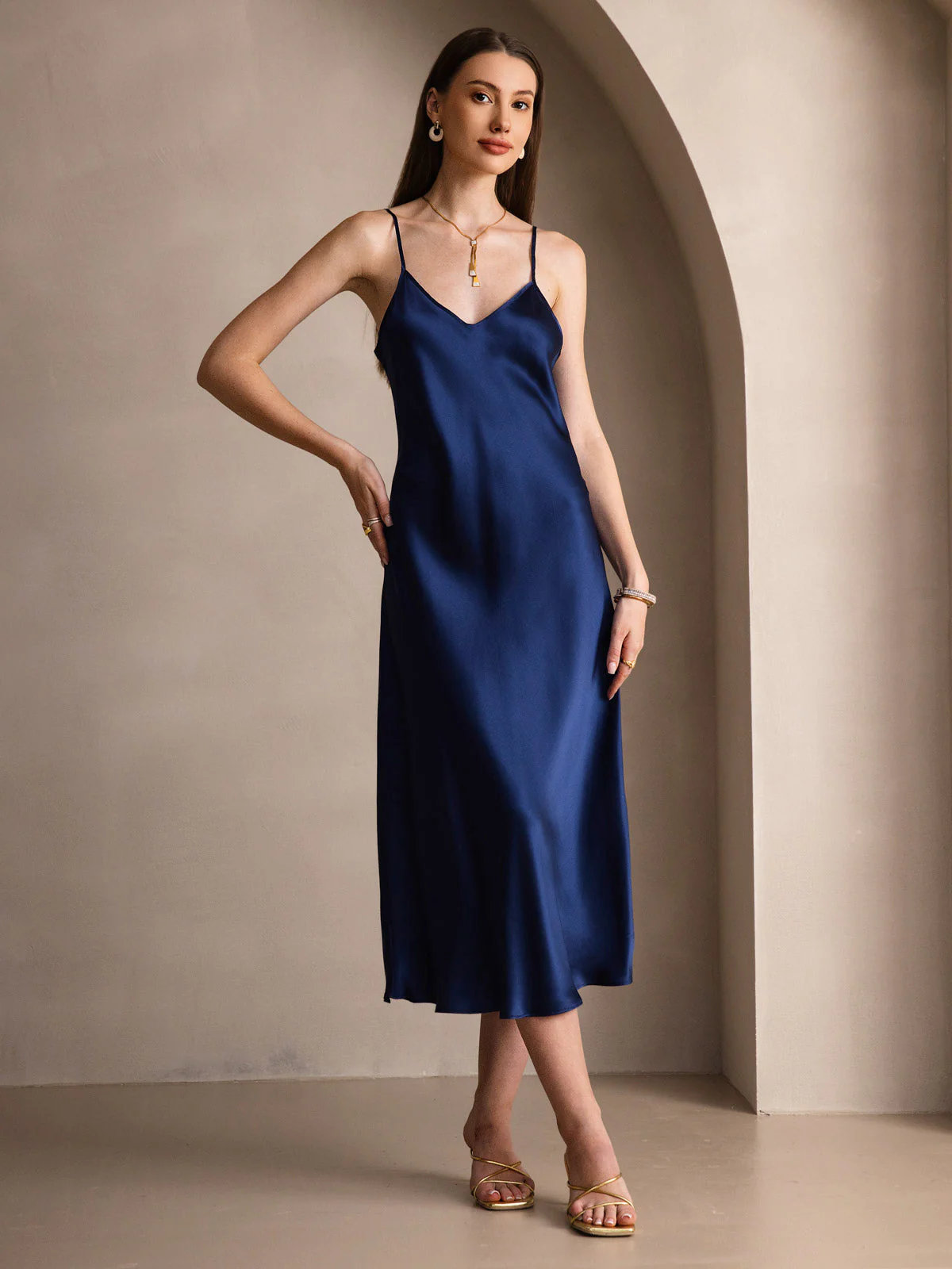 Pure Silk Spaghetti Strap V Neck Midi Dress - Image 35