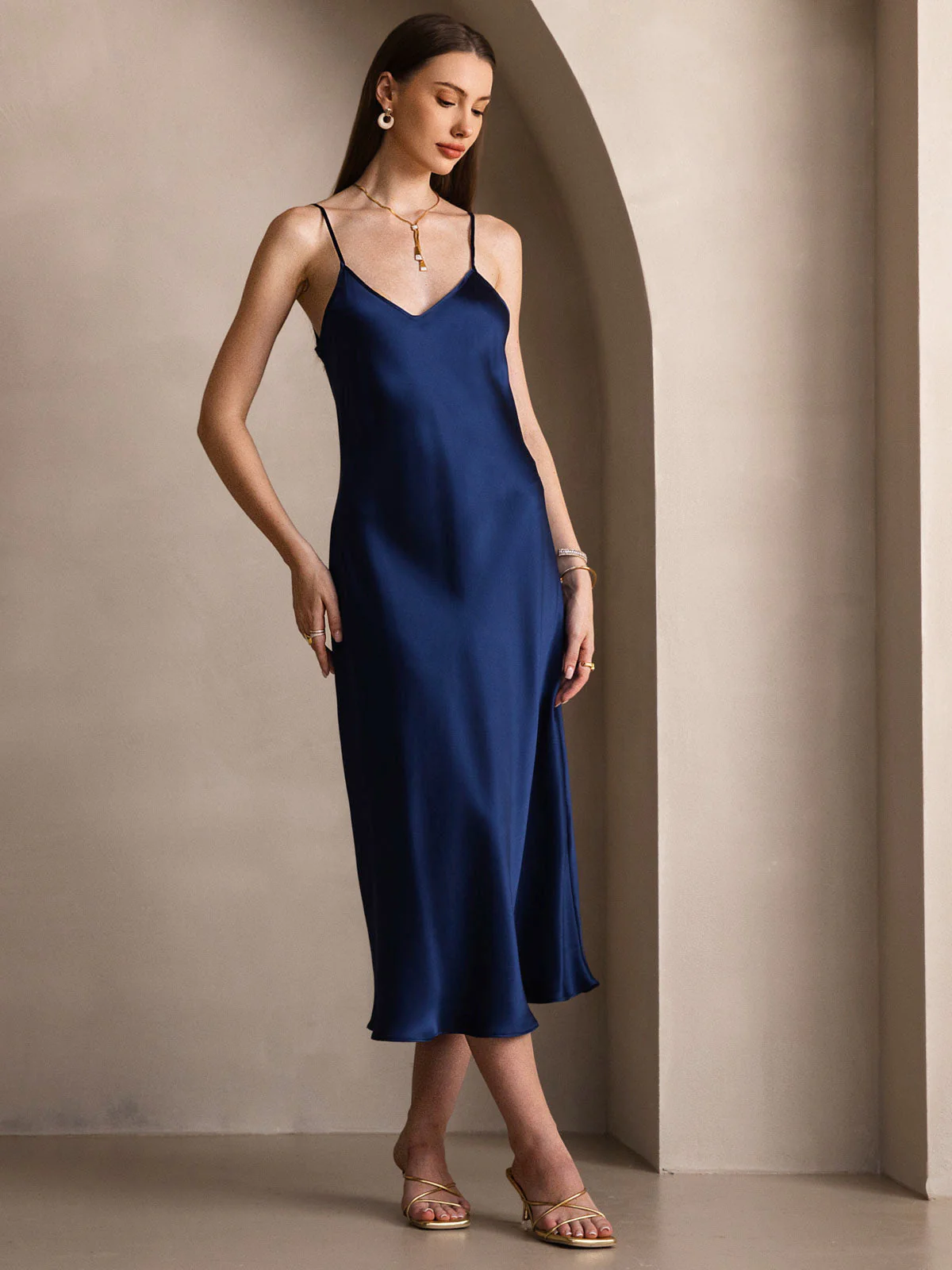 Pure Silk Spaghetti Strap V Neck Midi Dress - Image 39