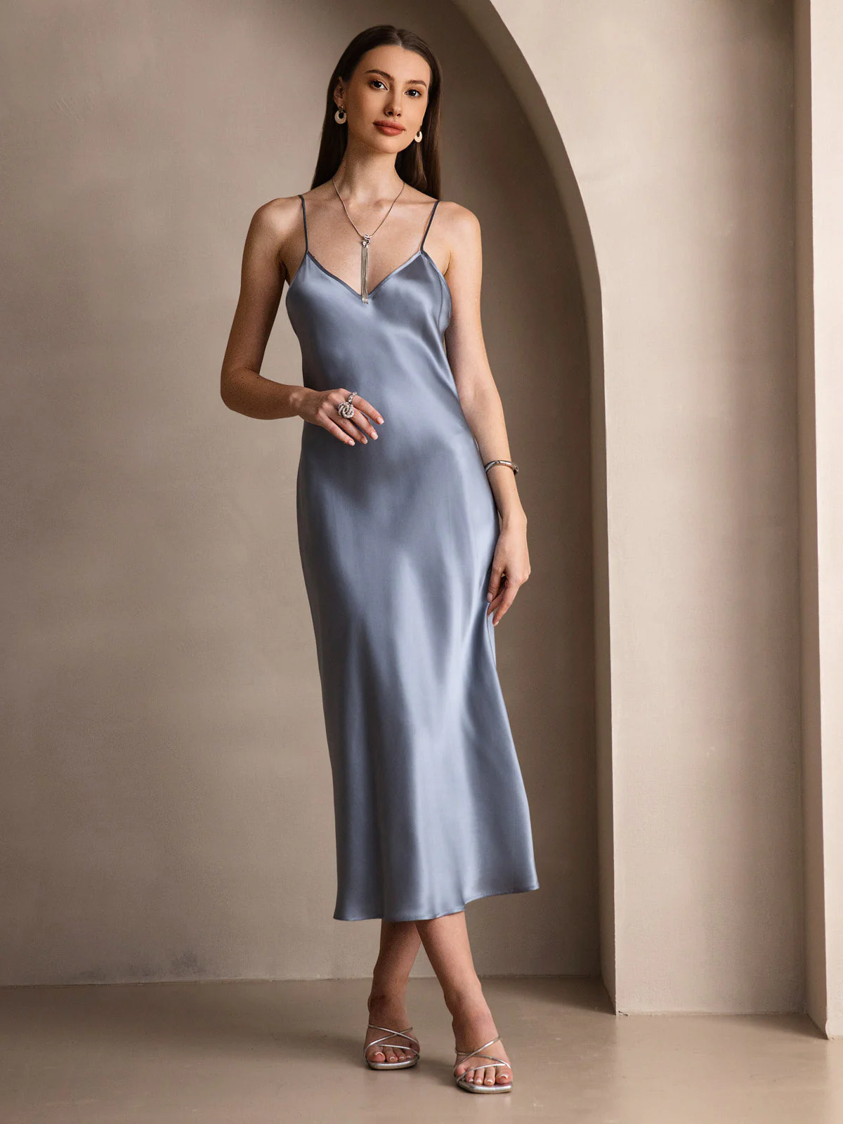 Pure Silk Spaghetti Strap V Neck Midi Dress - Image 43