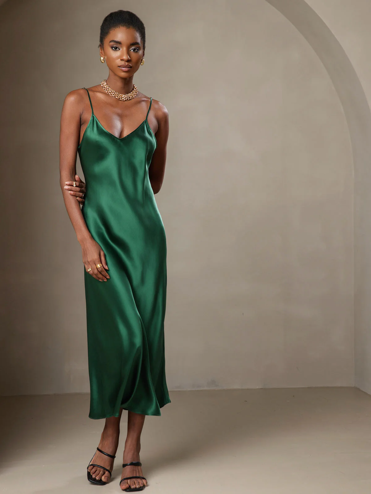 Pure Silk Spaghetti Strap V Neck Midi Dress - Image 46