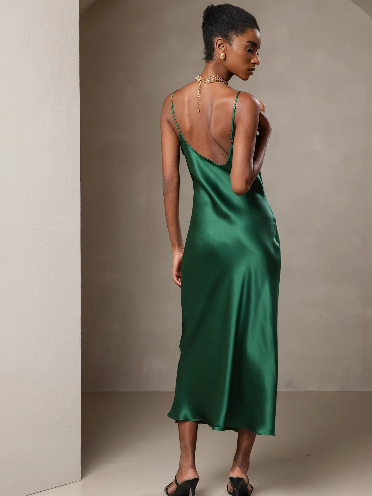 Pure Silk Spaghetti Strap V Neck Midi Dress - Image 47