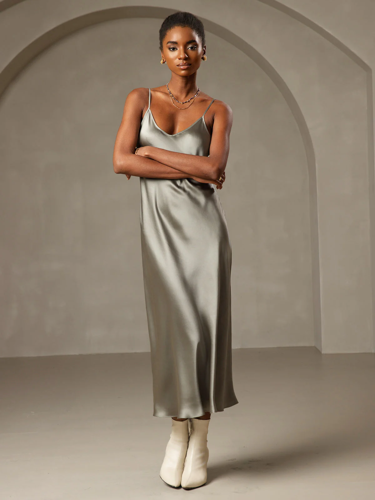 Pure Silk Spaghetti Strap V Neck Midi Dress - Image 53