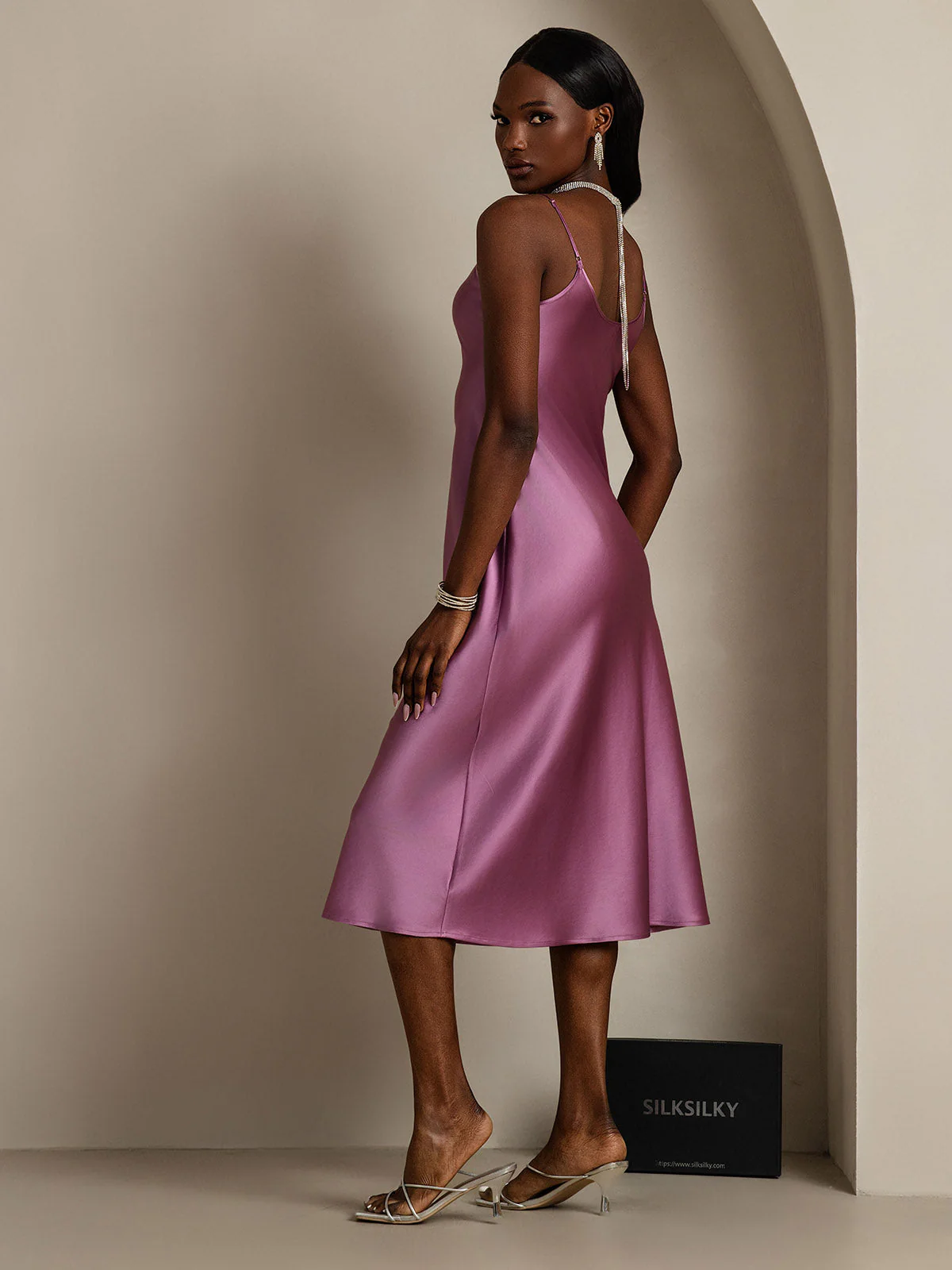 Pure Silk Spaghetti Strap V Neck Midi Dress - Image 60