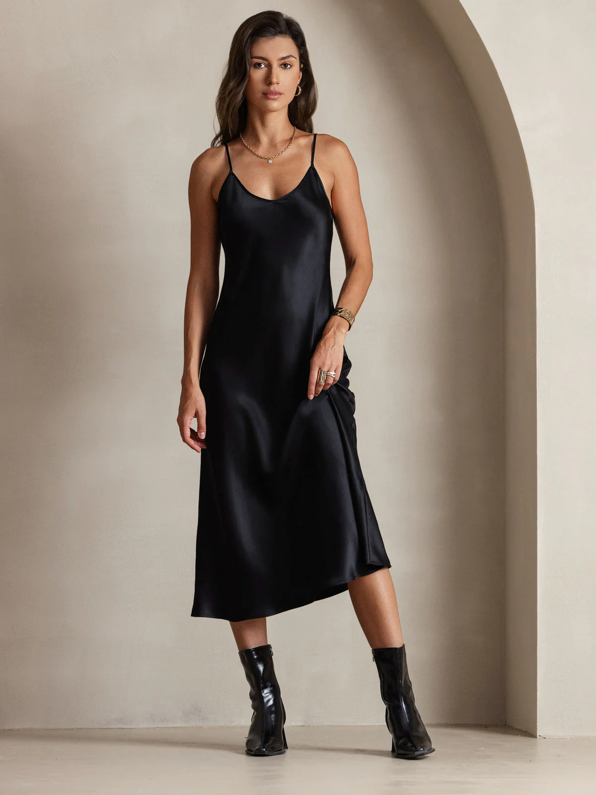 Pure Silk Spaghetti Strap V Neck Midi Dress - Image 8
