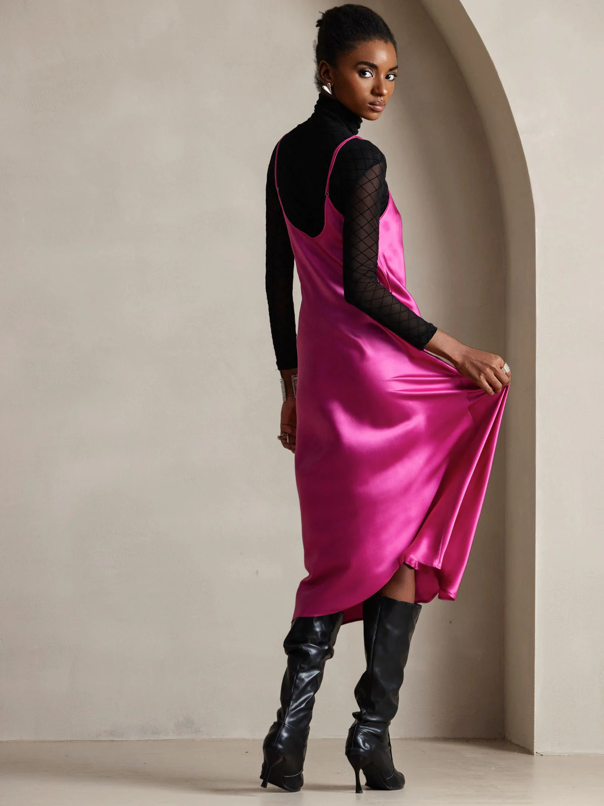 Pure Silk Spaghetti Strap V Neck Midi Dress - Image 84