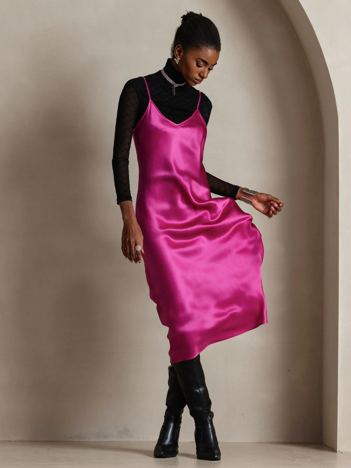 Pure Silk Spaghetti Strap V Neck Midi Dress - Image 86