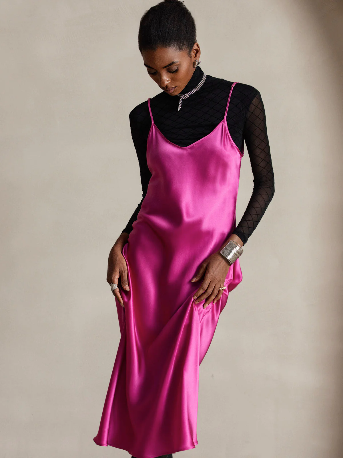 Pure Silk Spaghetti Strap V Neck Midi Dress - Image 87