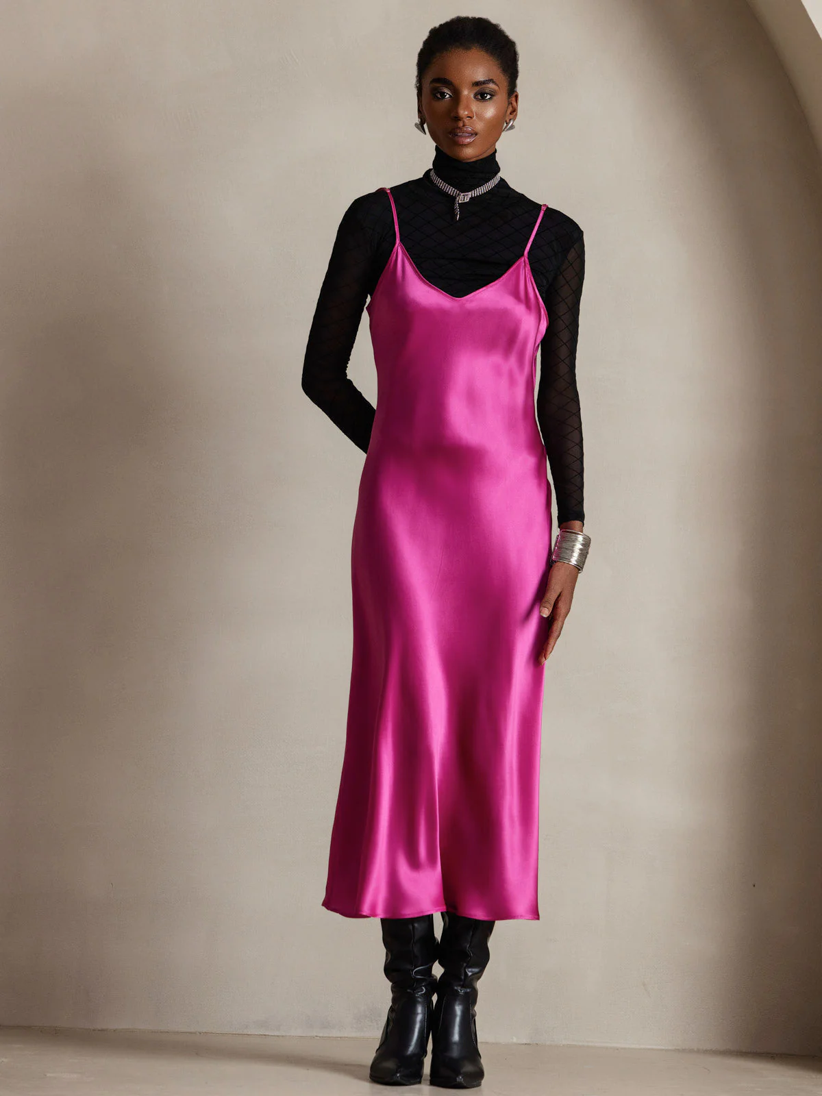 Pure Silk Spaghetti Strap V Neck Midi Dress - Image 89