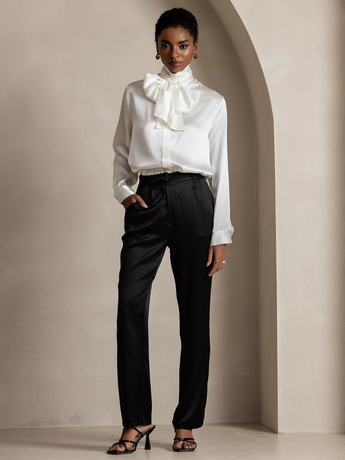 19Momme Silk High Waist Straight Fit Women's Pants with Zipper Side Pockets Design - Image 7
