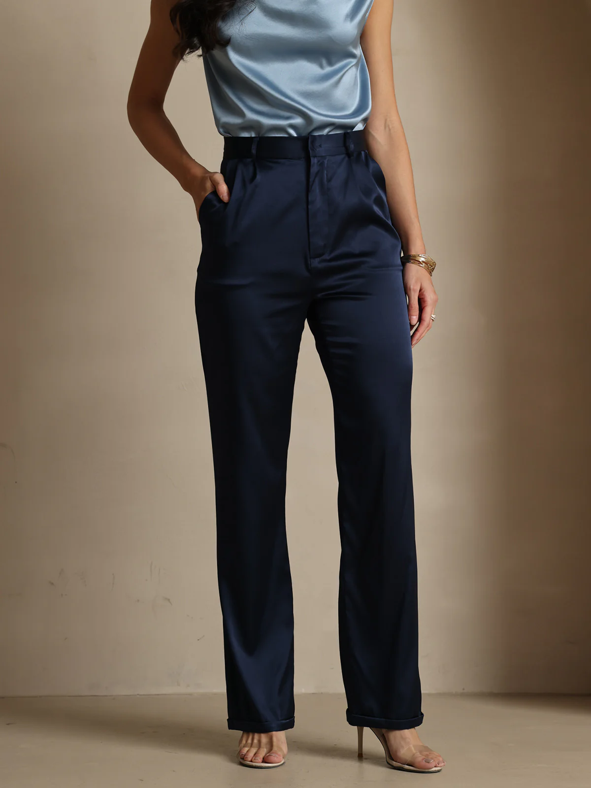 19Momme Silk High Waist Straight Fit Women's Pants with Zipper Side Pockets Design - Image 8