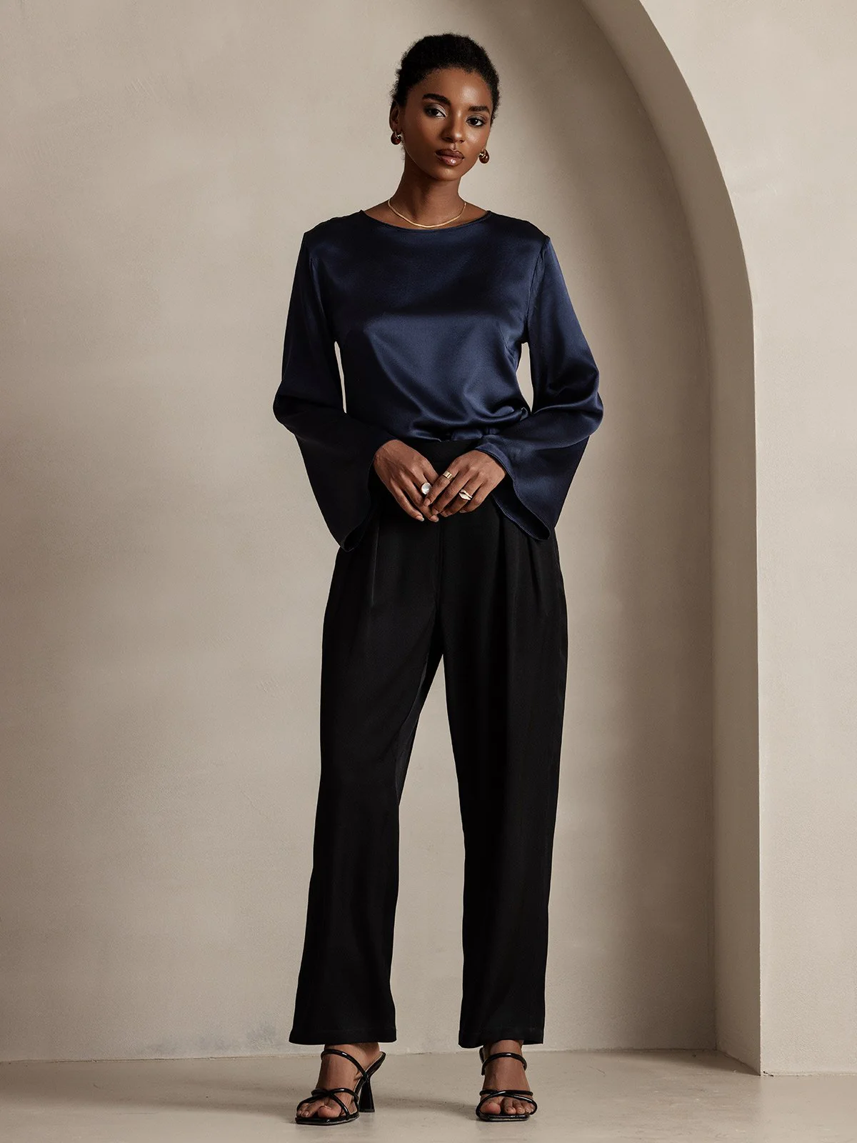 Clearance(Ships to UK Only) - Women's 22Momme Silk High Waist Wide Leg Tapered Pleated Cropped Pants - Image 4
