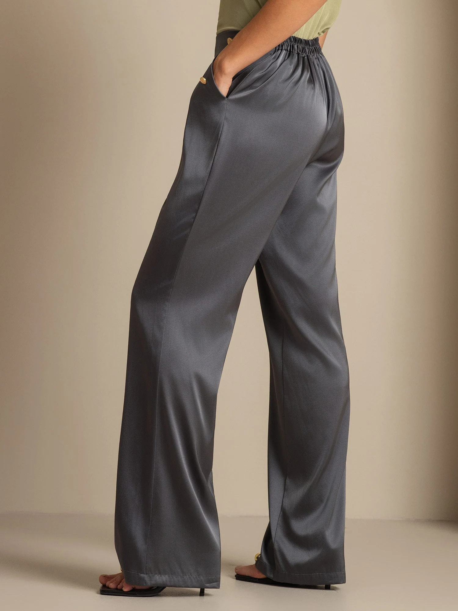 19Momme Silk High Waist Straight Fit Women's Pants with Back Elastic Waist Design - Image 11