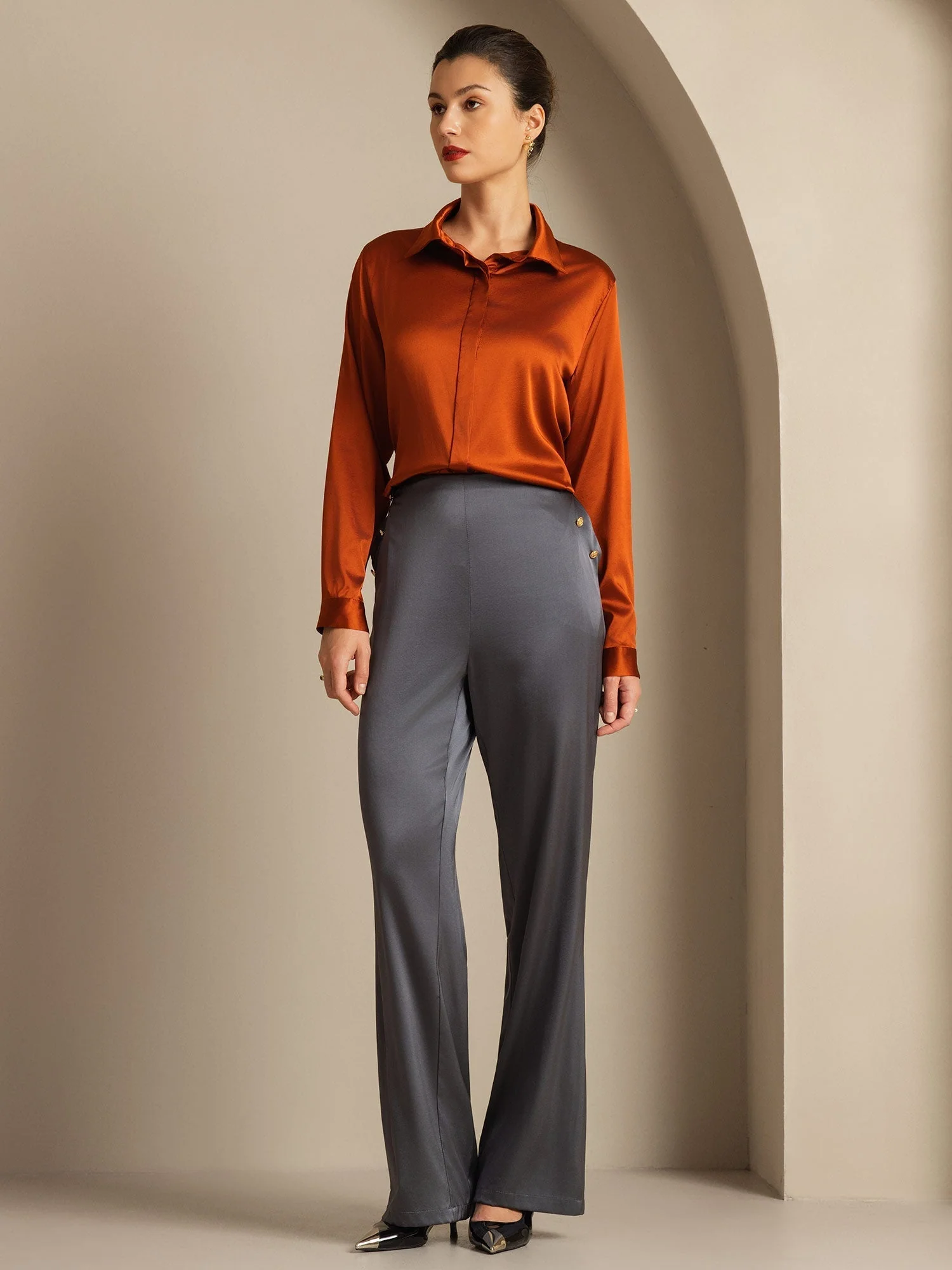 19Momme Silk High Waist Straight Fit Women's Pants with Back Elastic Waist Design - Image 16