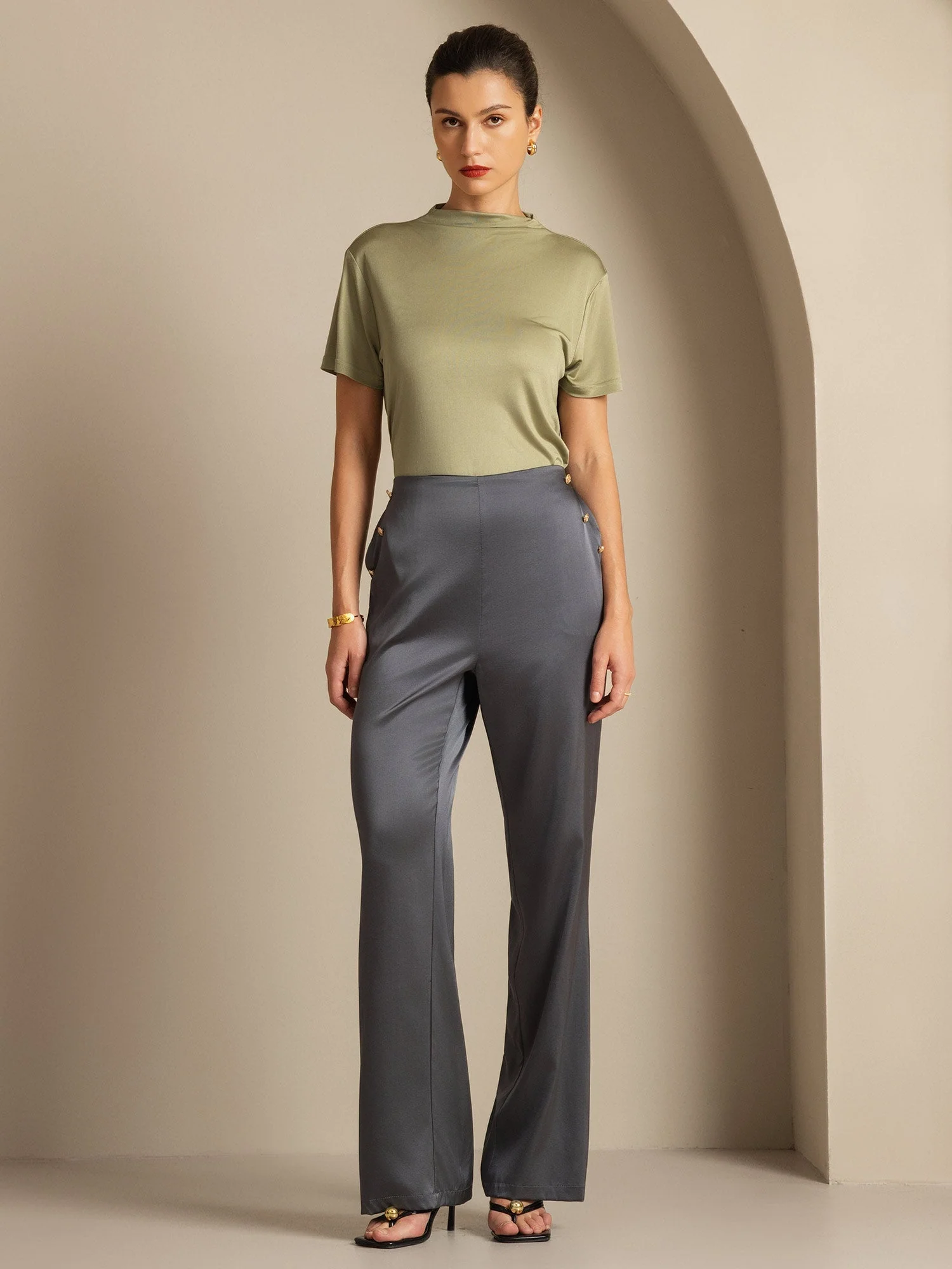 19Momme Silk High Waist Straight Fit Women's Pants with Back Elastic Waist Design - Image 17