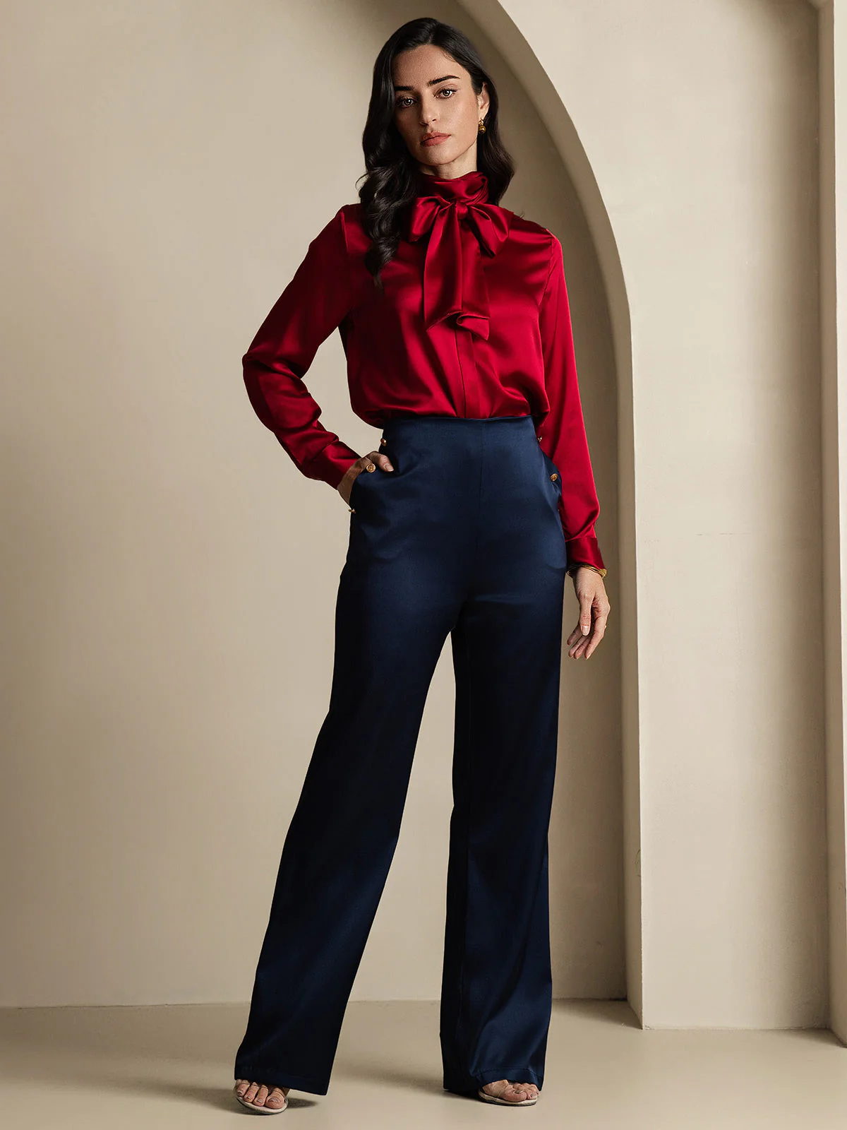 19Momme Silk High Waist Straight Fit Women's Pants with Back Elastic Waist Design - Image 18