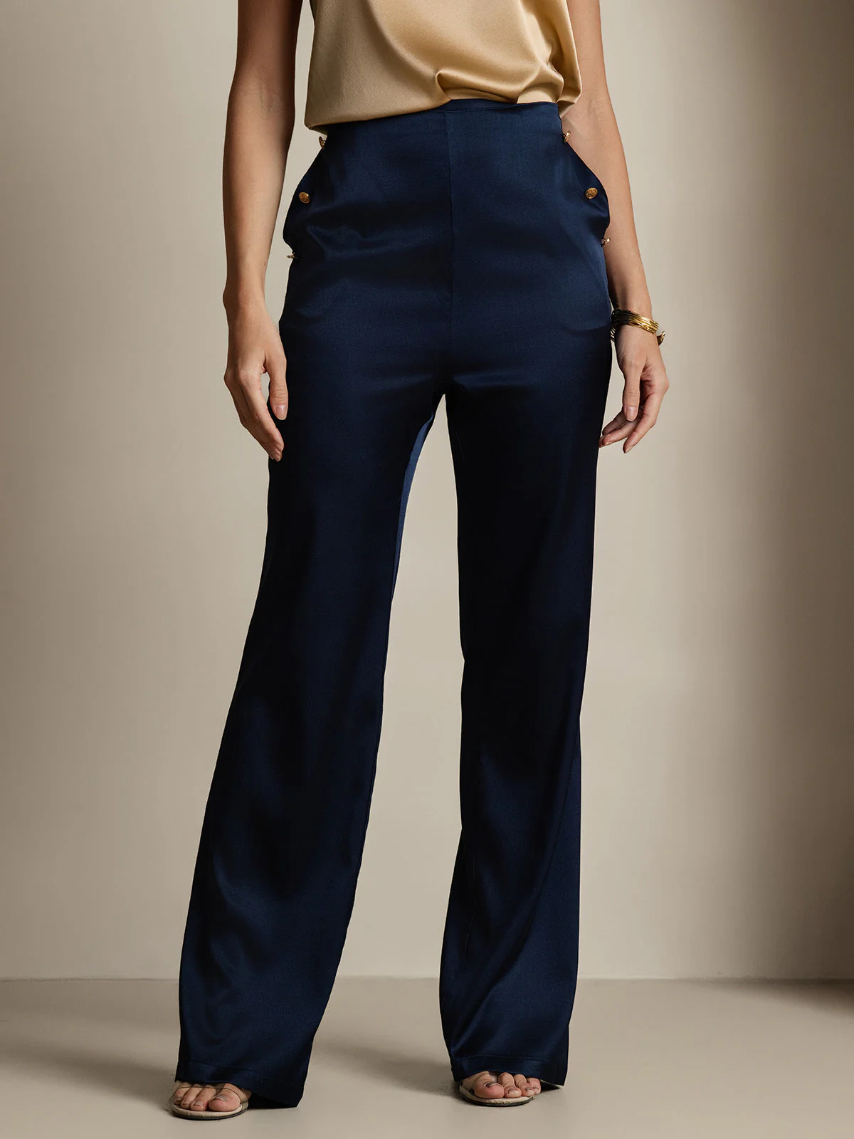 19Momme Silk High Waist Straight Fit Women's Pants with Back Elastic Waist Design - Image 20