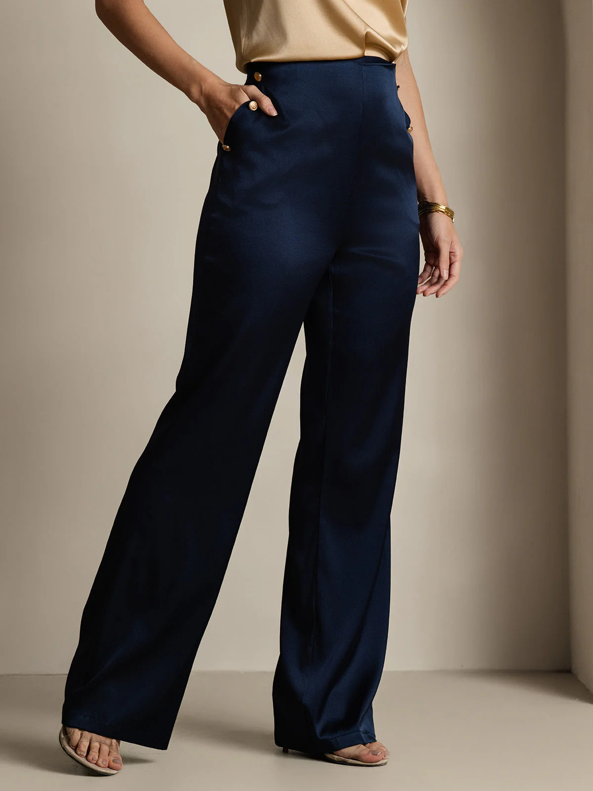 19Momme Silk High Waist Straight Fit Women's Pants with Back Elastic Waist Design - Image 21