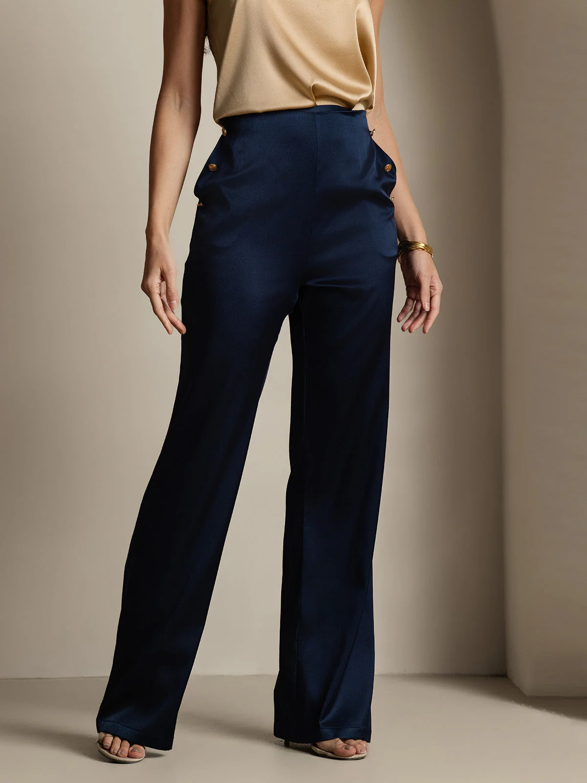 19Momme Silk High Waist Straight Fit Women's Pants with Back Elastic Waist Design - Image 22