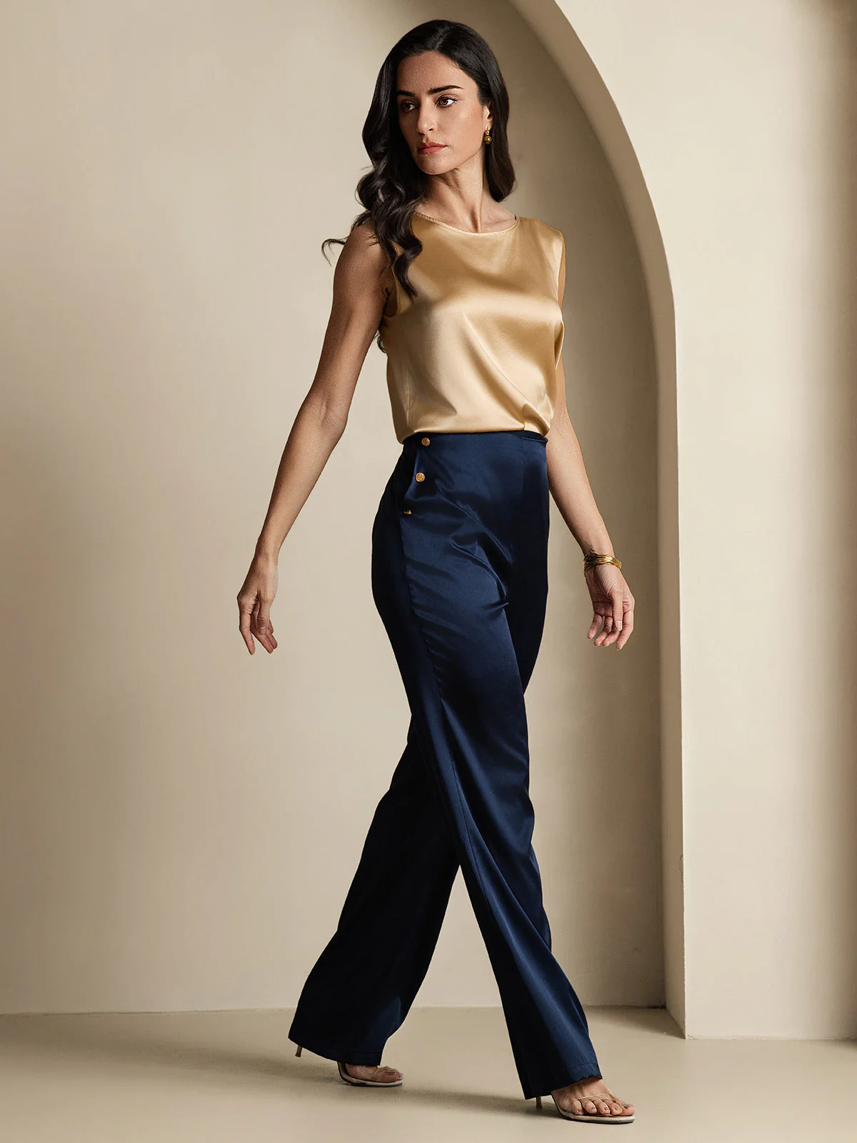 19Momme Silk High Waist Straight Fit Women's Pants with Back Elastic Waist Design - Image 24