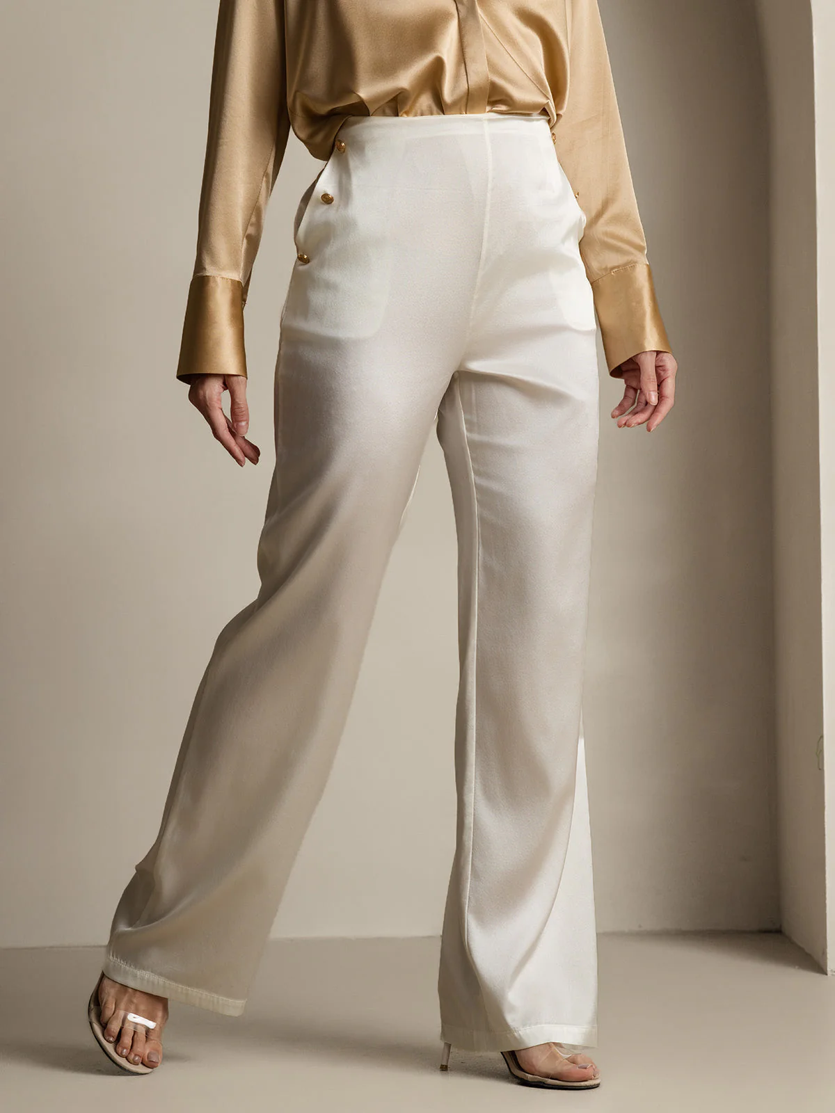 19Momme Silk High Waist Straight Fit Women's Pants with Back Elastic Waist Design - Image 29
