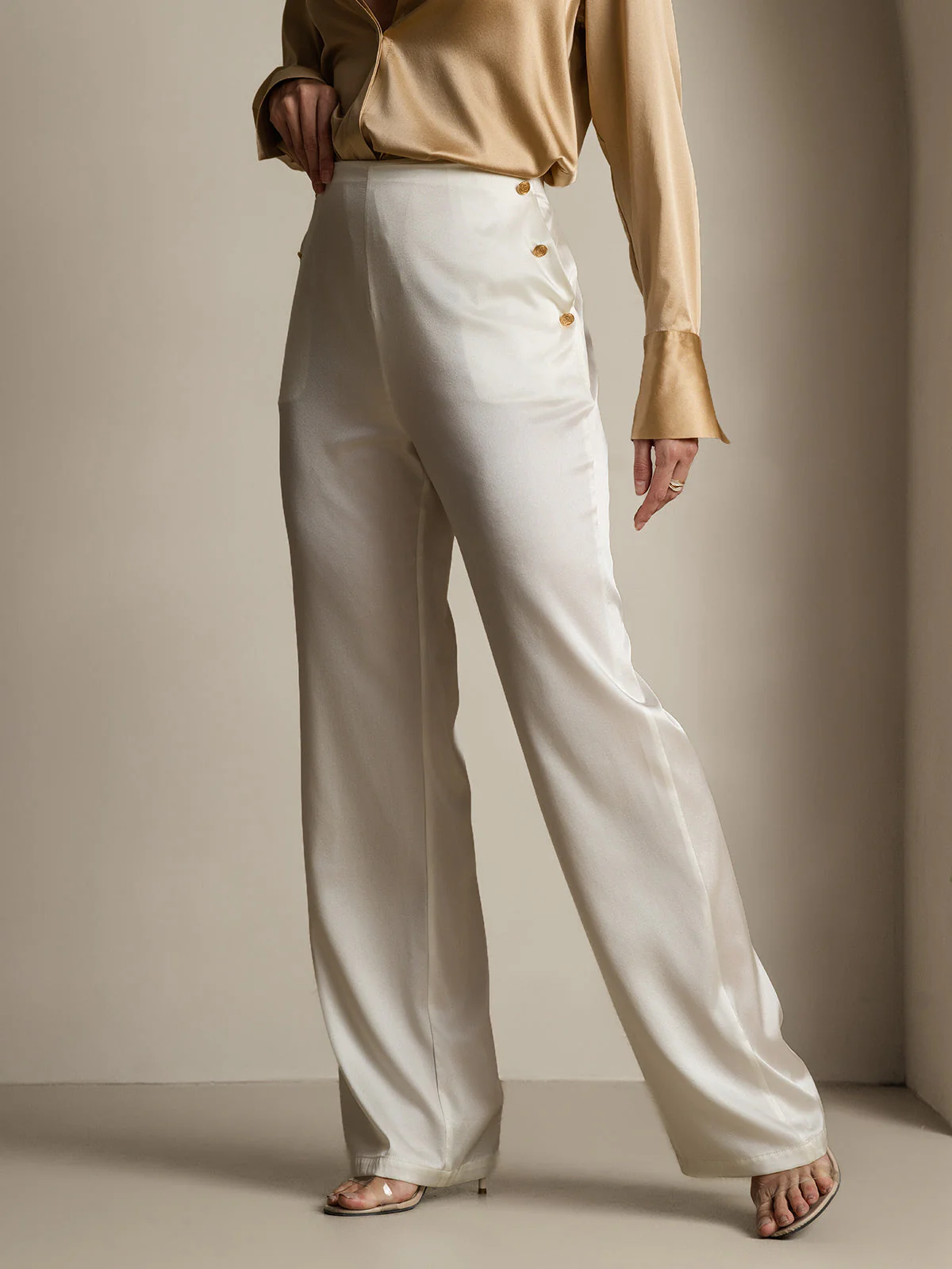19Momme Silk High Waist Straight Fit Women's Pants with Back Elastic Waist Design - Image 31