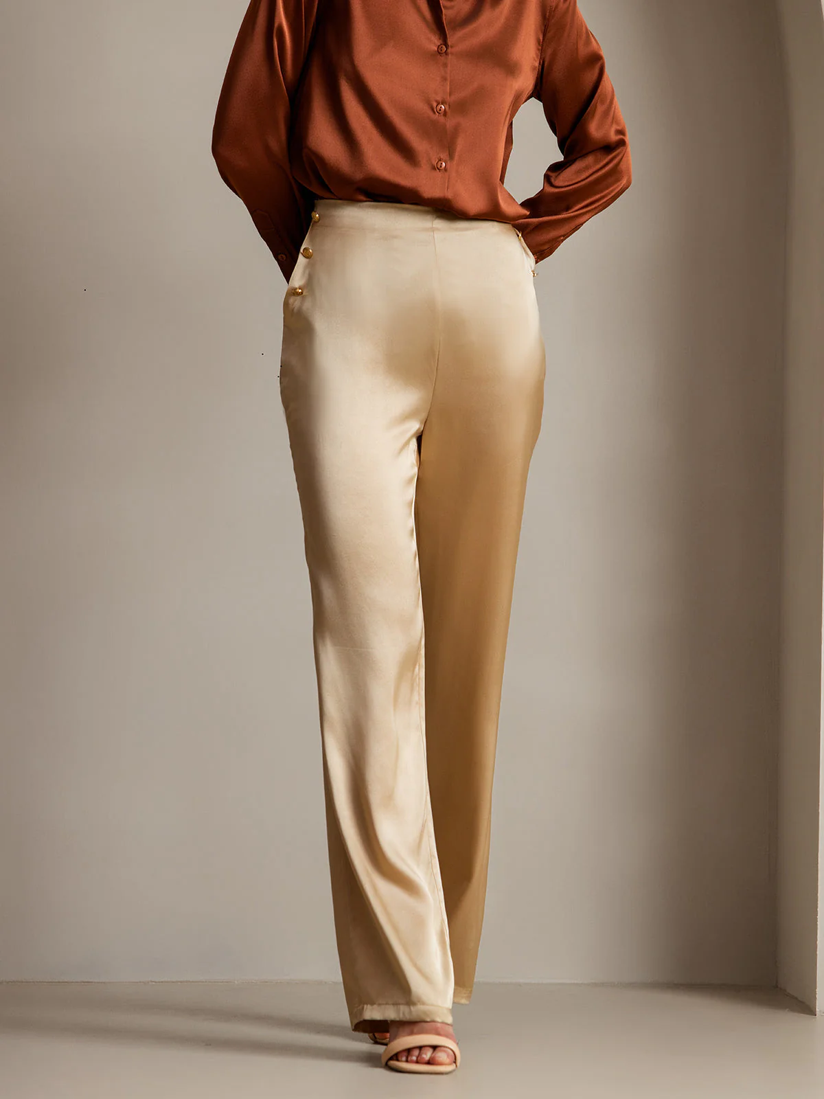 19Momme Silk High Waist Straight Fit Women's Pants with Back Elastic Waist Design - Image 35