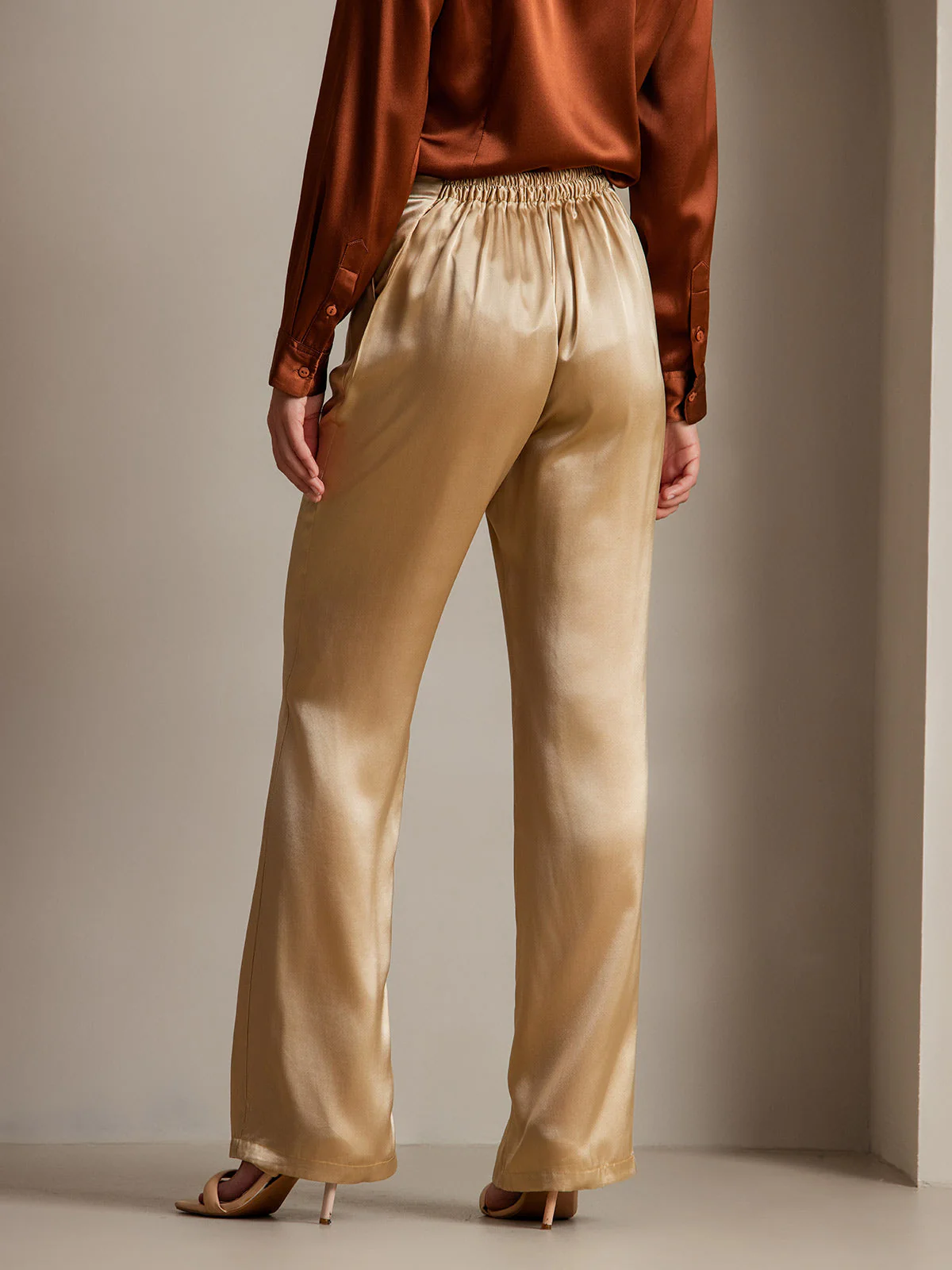 19Momme Silk High Waist Straight Fit Women's Pants with Back Elastic Waist Design - Image 36