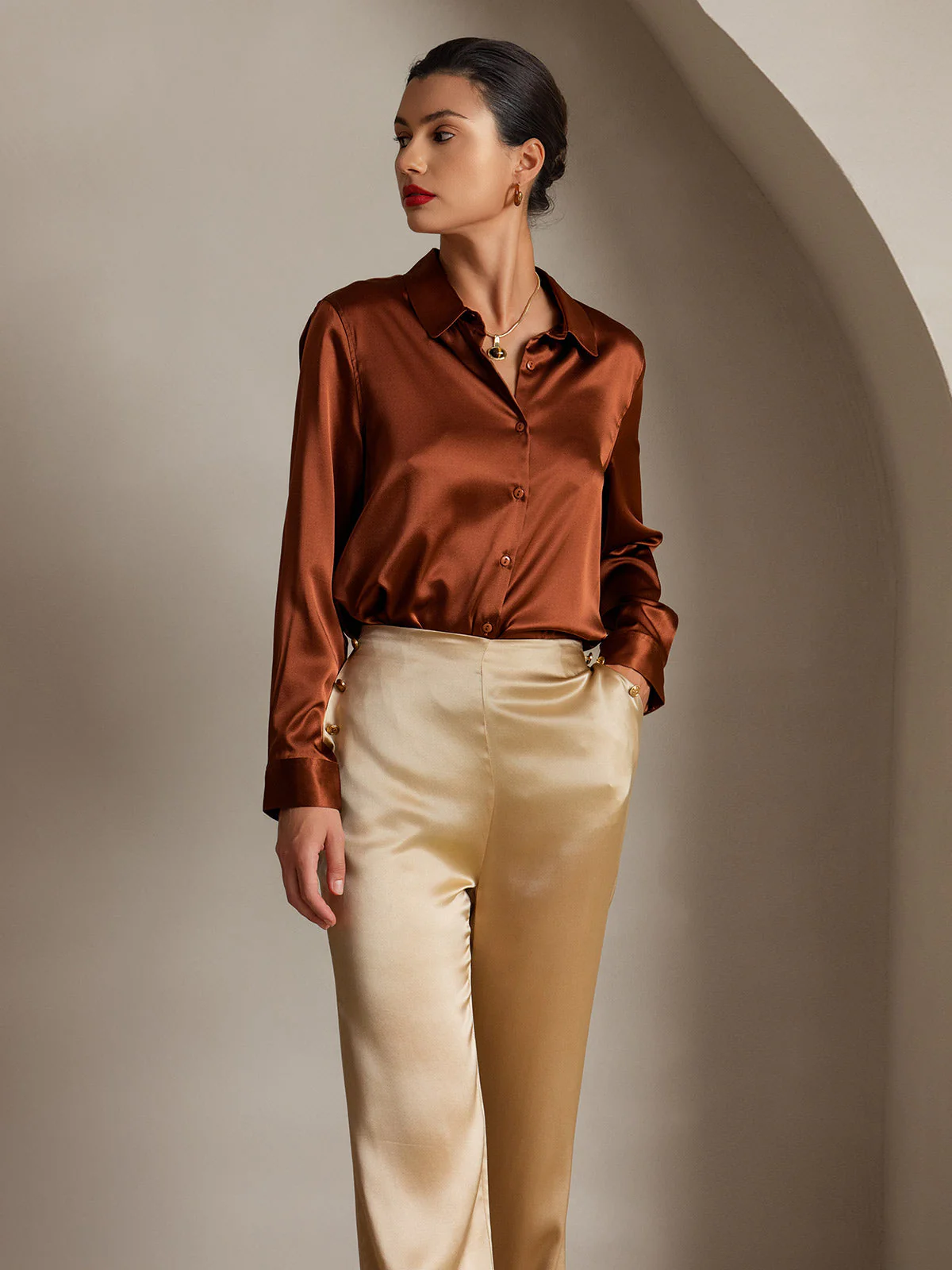 19Momme Silk High Waist Straight Fit Women's Pants with Back Elastic Waist Design - Image 39