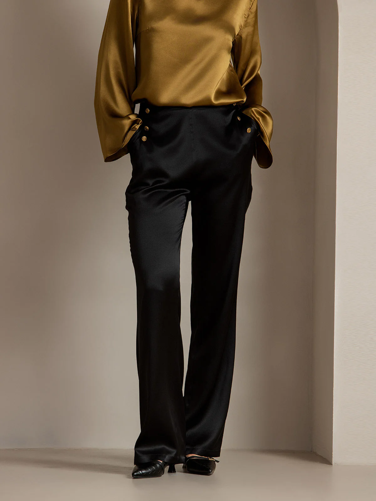 19Momme Silk High Waist Straight Fit Women's Pants with Back Elastic Waist Design - Image 4