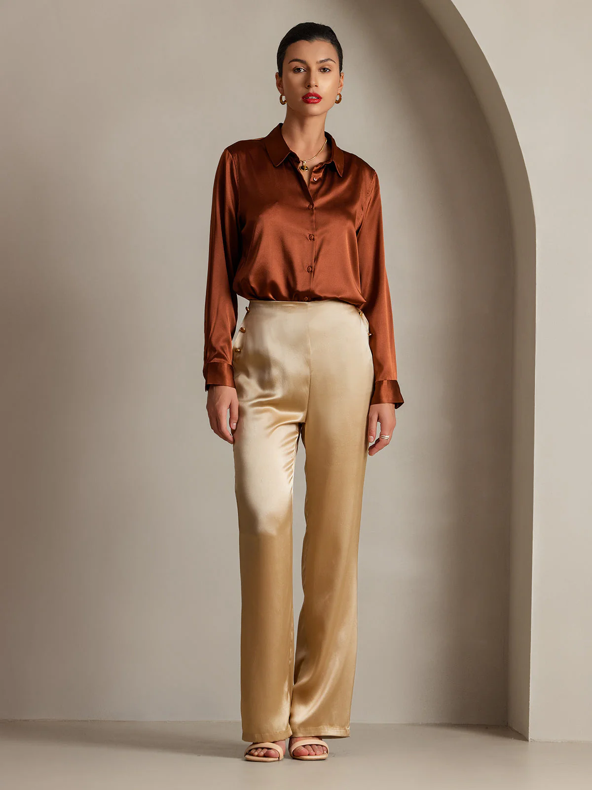 19Momme Silk High Waist Straight Fit Women's Pants with Back Elastic Waist Design - Image 40