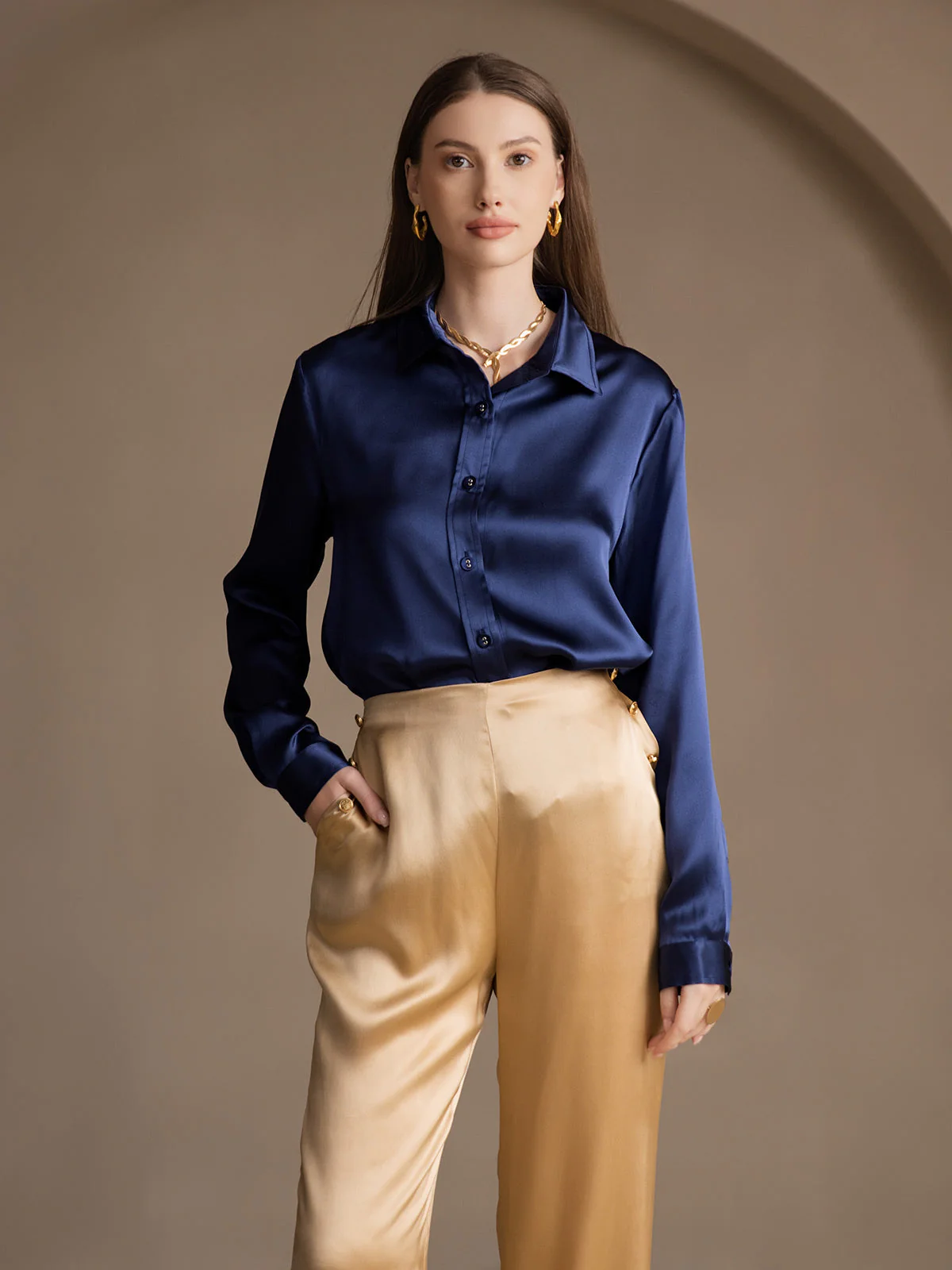 19Momme Silk High Waist Straight Fit Women's Pants with Back Elastic Waist Design - Image 42
