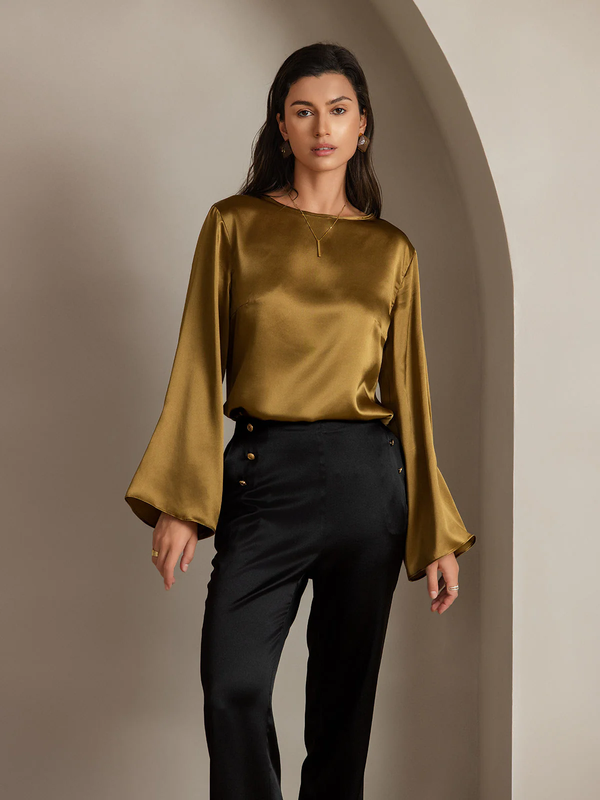 19Momme Silk High Waist Straight Fit Women's Pants with Back Elastic Waist Design - Image 9