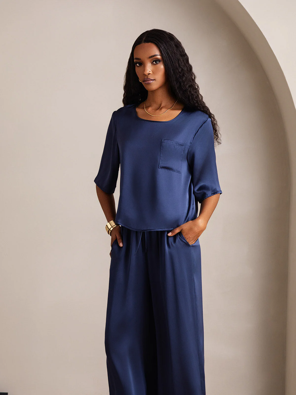 Women's Pure Silk Half Sleeve Round Neck Pyjamas Set - Image 29