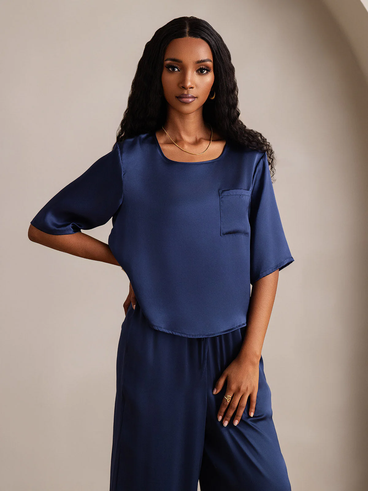 Women's Pure Silk Half Sleeve Round Neck Pyjamas Set - Image 33