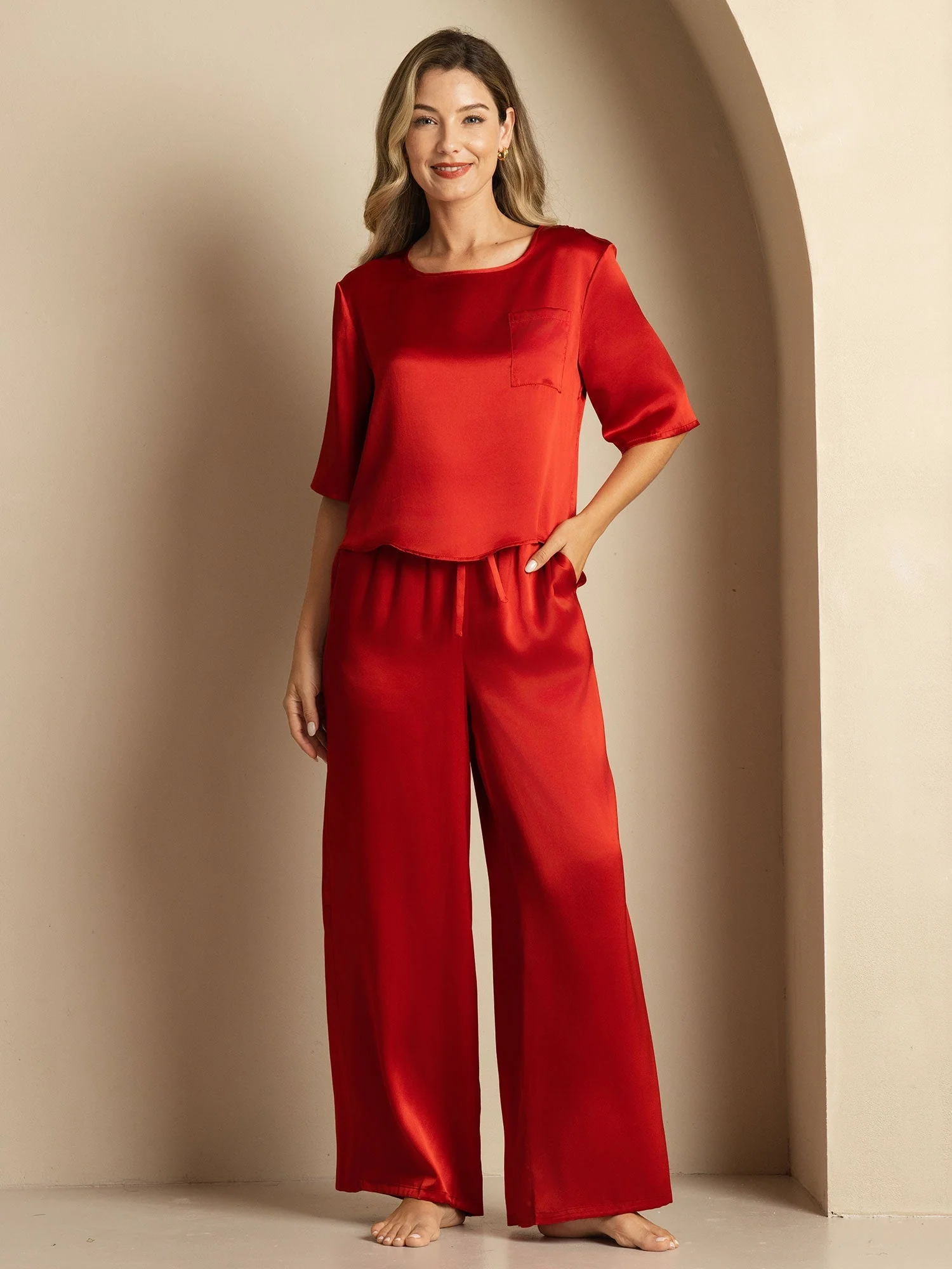 Women's Pure Silk Half Sleeve Round Neck Pyjamas Set - Image 47