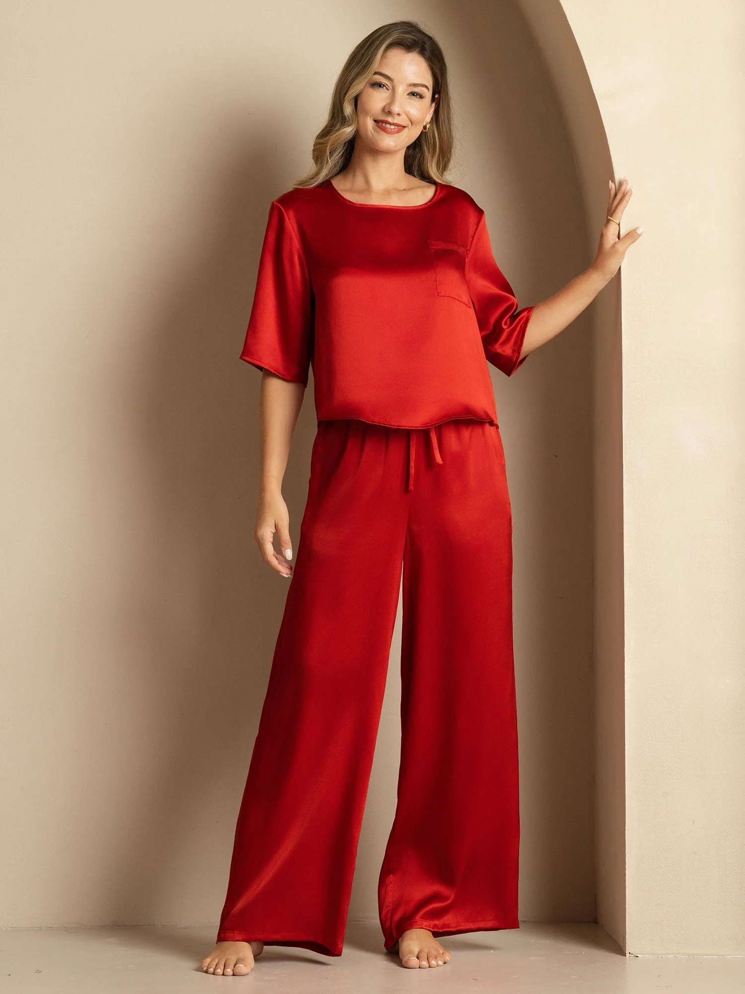 Women's Pure Silk Half Sleeve Round Neck Pyjamas Set - Image 49