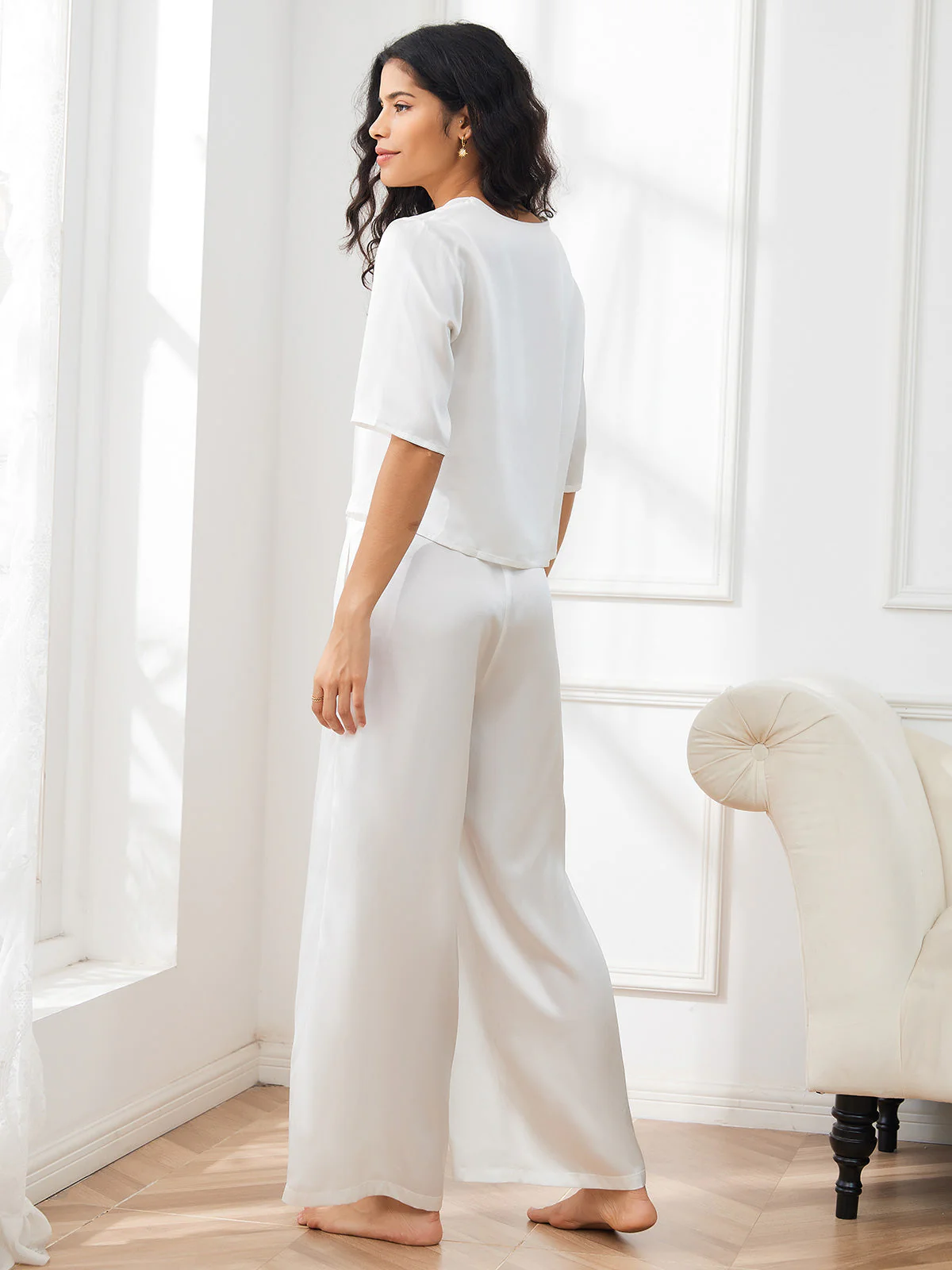Women's Pure Silk Half Sleeve Round Neck Pyjamas Set - Image 53