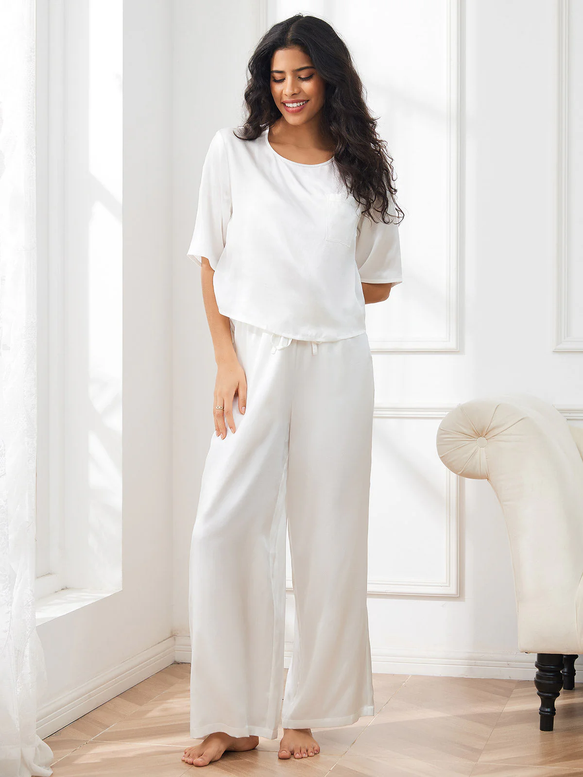 Women's Pure Silk Half Sleeve Round Neck Pyjamas Set - Image 54