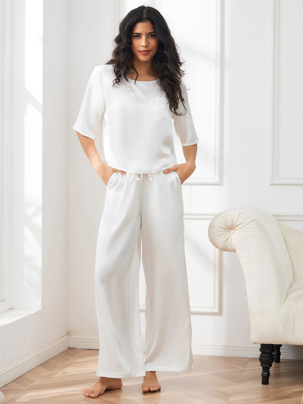 Women's Pure Silk Half Sleeve Round Neck Pyjamas Set - Image 55