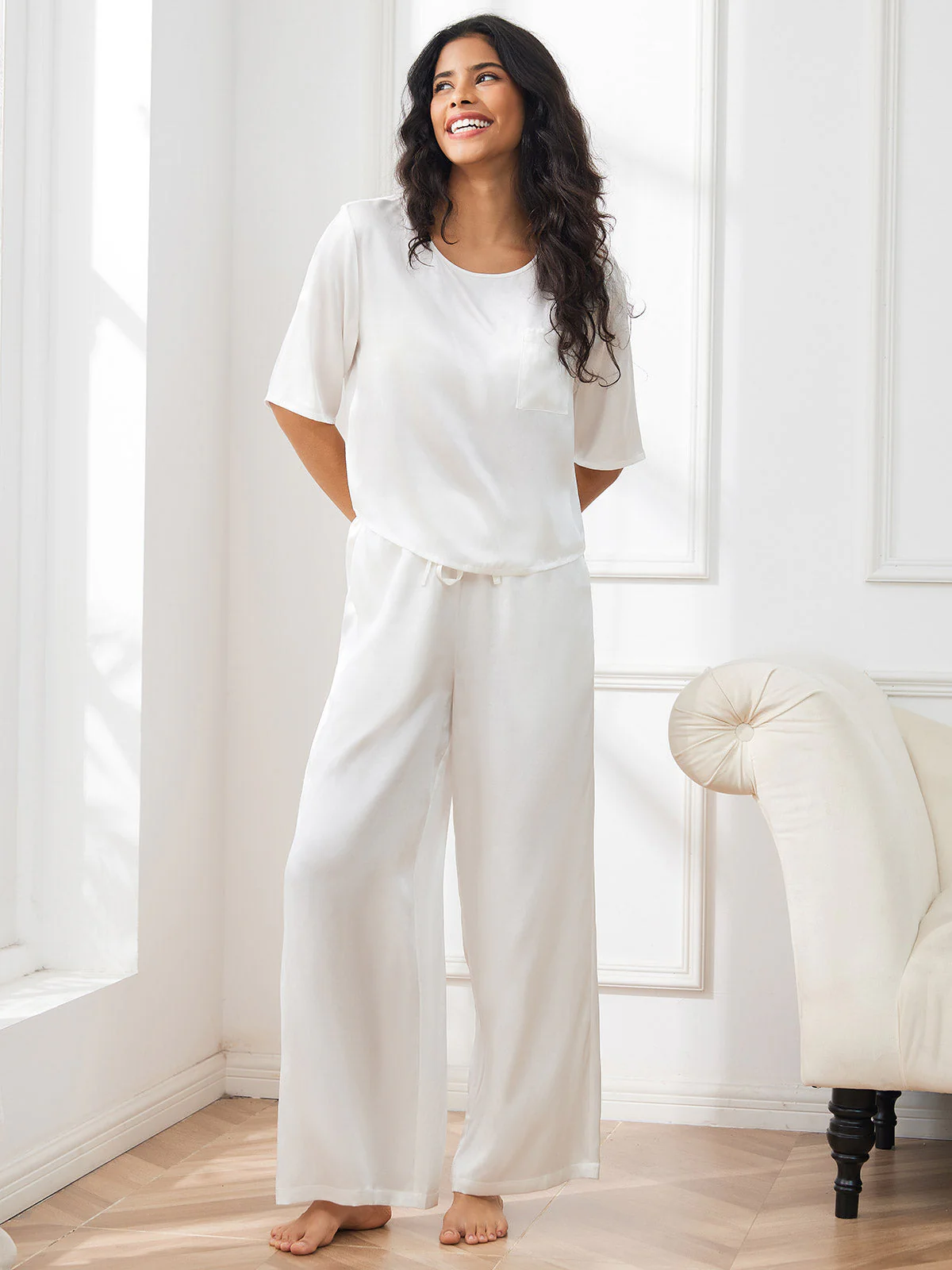 Women's Pure Silk Half Sleeve Round Neck Pyjamas Set - Image 56