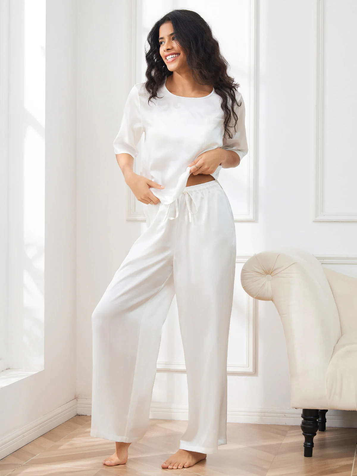 Women's Pure Silk Half Sleeve Round Neck Pyjamas Set - Image 57