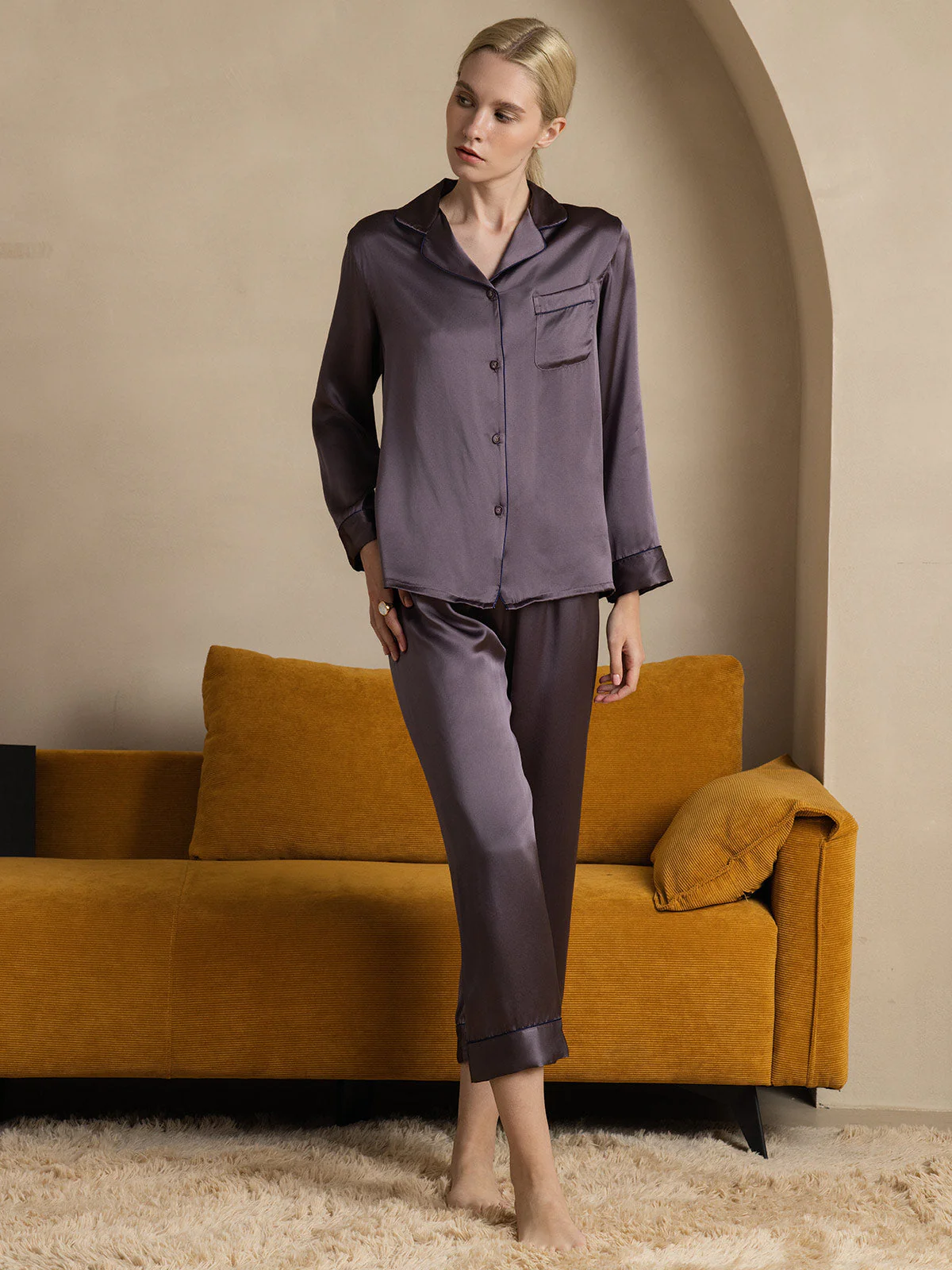 Women's Pure Silk Long Sleeve Button Up Pyjamas Set - Image 38