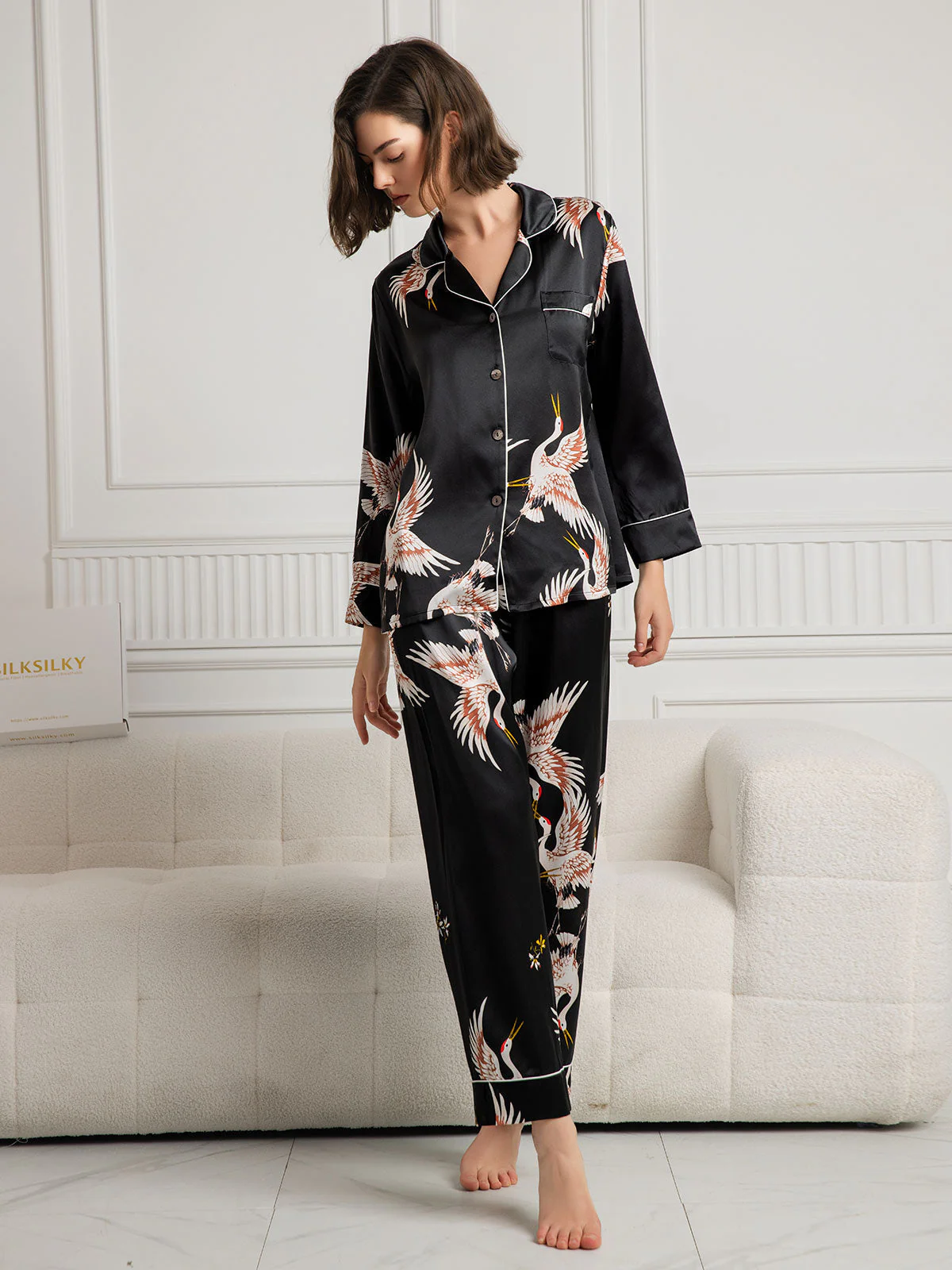 19Momme Women's Pure Silk Crane Print Long Sleeve Notch Collar Pyjamas Set - Image 31