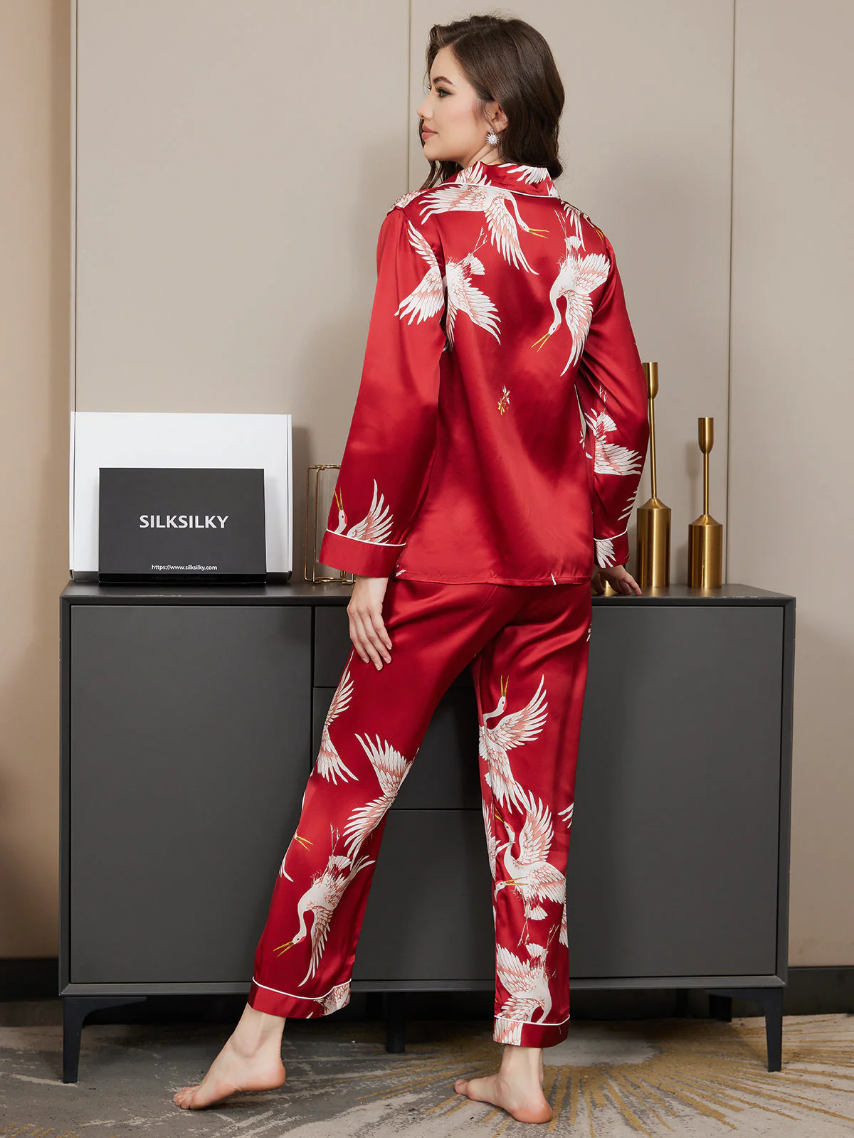 19Momme Women's Pure Silk Crane Print Long Sleeve Notch Collar Pyjamas Set - Image 6