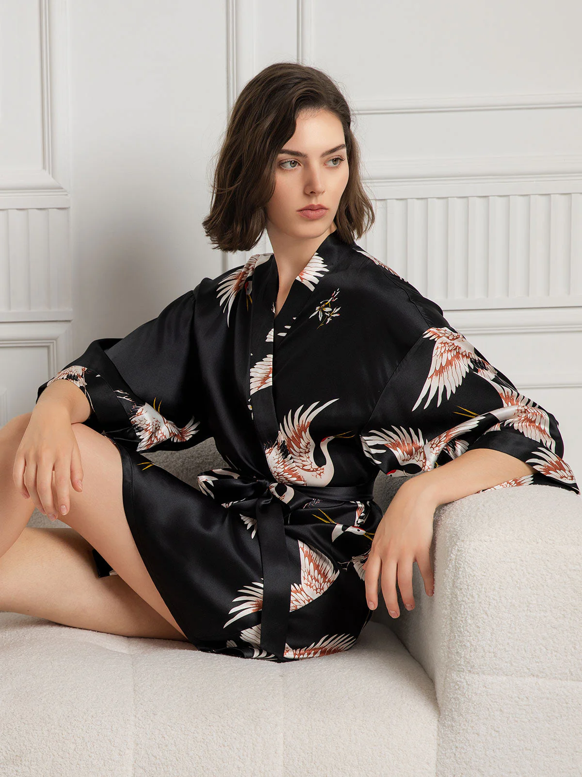19Momme Women's Pure Silk Crane Print 3/4 Sleeve Short Kimono Robe - Image 22
