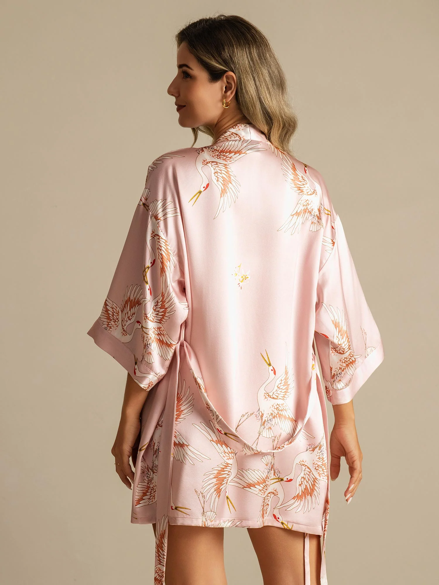 19Momme Women's Pure Silk Crane Print 3/4 Sleeve Short Kimono Robe - Image 6
