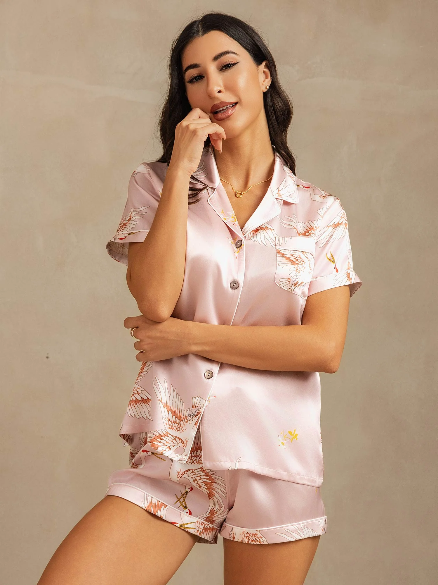 19Momme Women's Pure Silk Crane Print Short Sleeve Pyjamas Set - Image 11